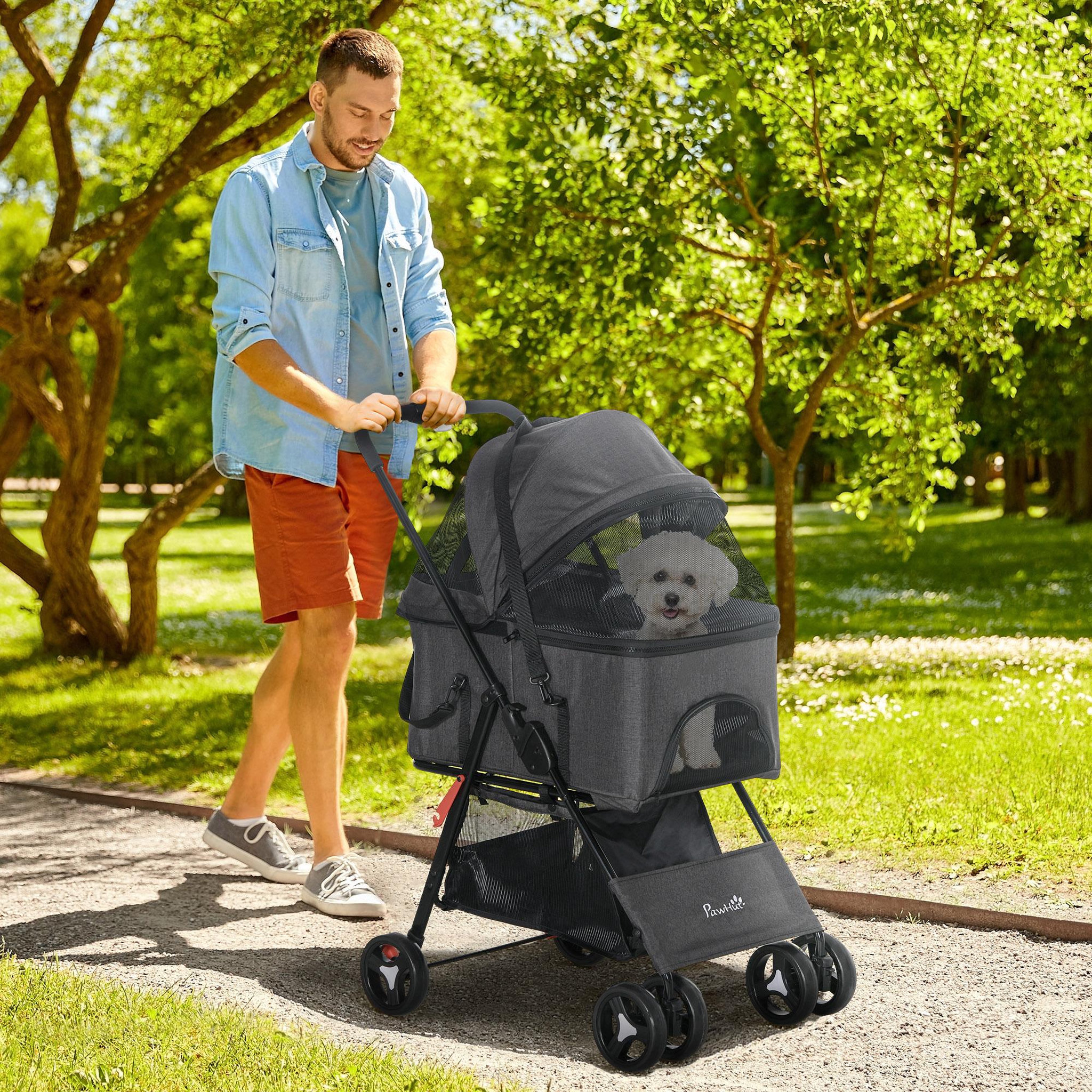 Voir la diapositive 2 : PAWHUT Poussette pour chien 3 en 1 - poussette buggy, panier de transport, panier voiture - acier noir Oxford gris