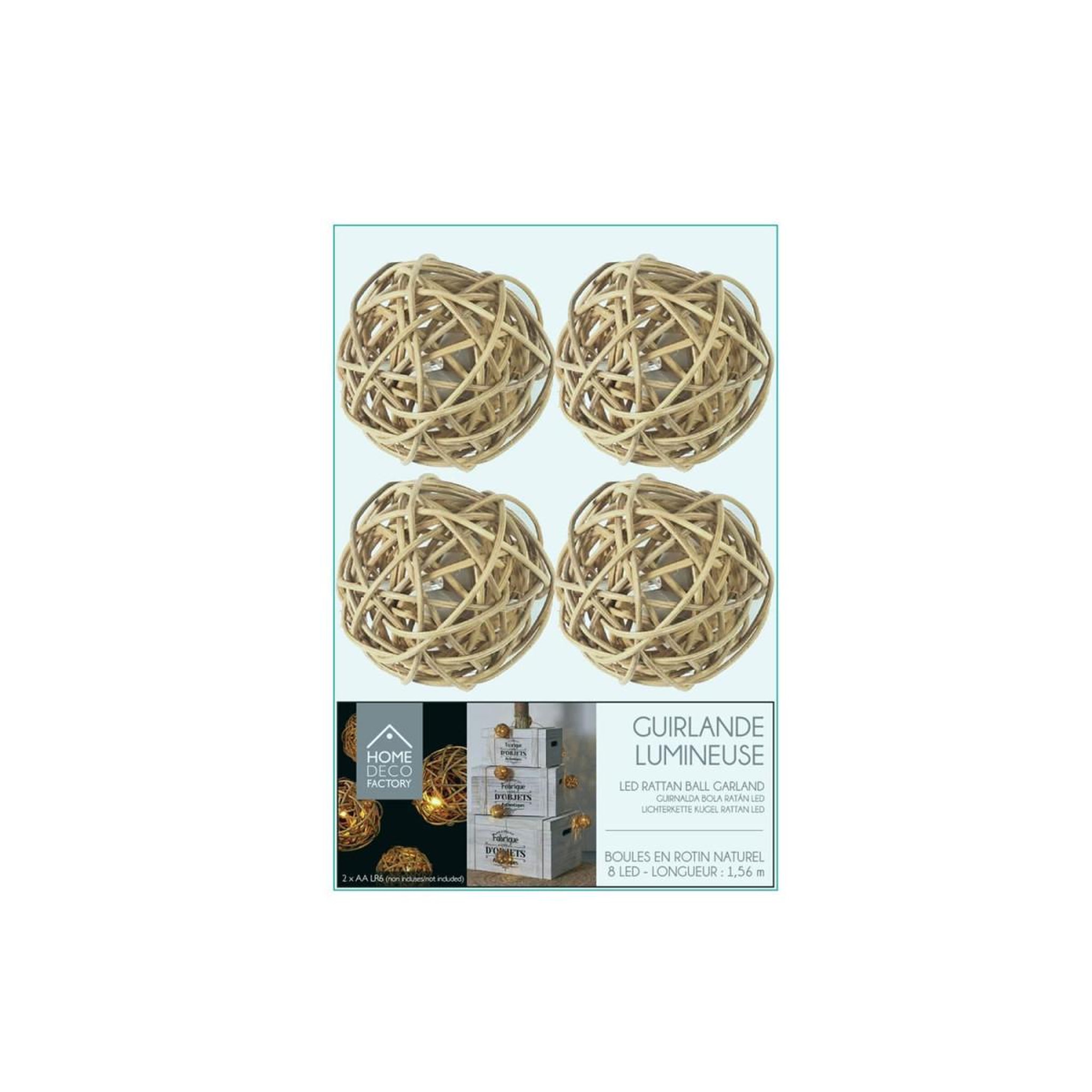 Voir la diapositive 2 : The Home Deco Factory Guirlande lumineuse 8 led  boule rotin  156cm naturel