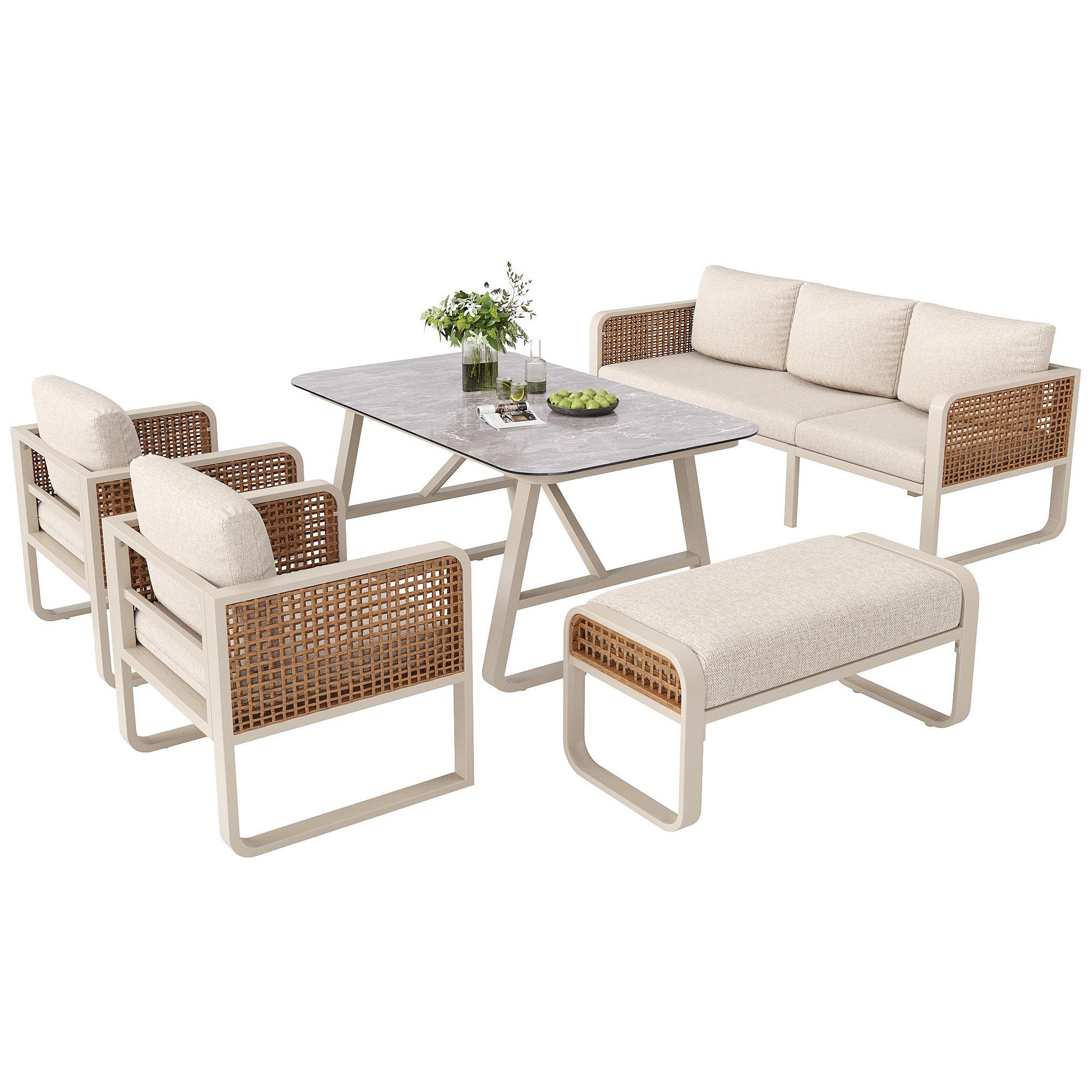 Voir la diapositive 5 : MERAX Salon de jardin 7 places en acier avec table d'appoint, coussins lavables, pieds réglables, beige