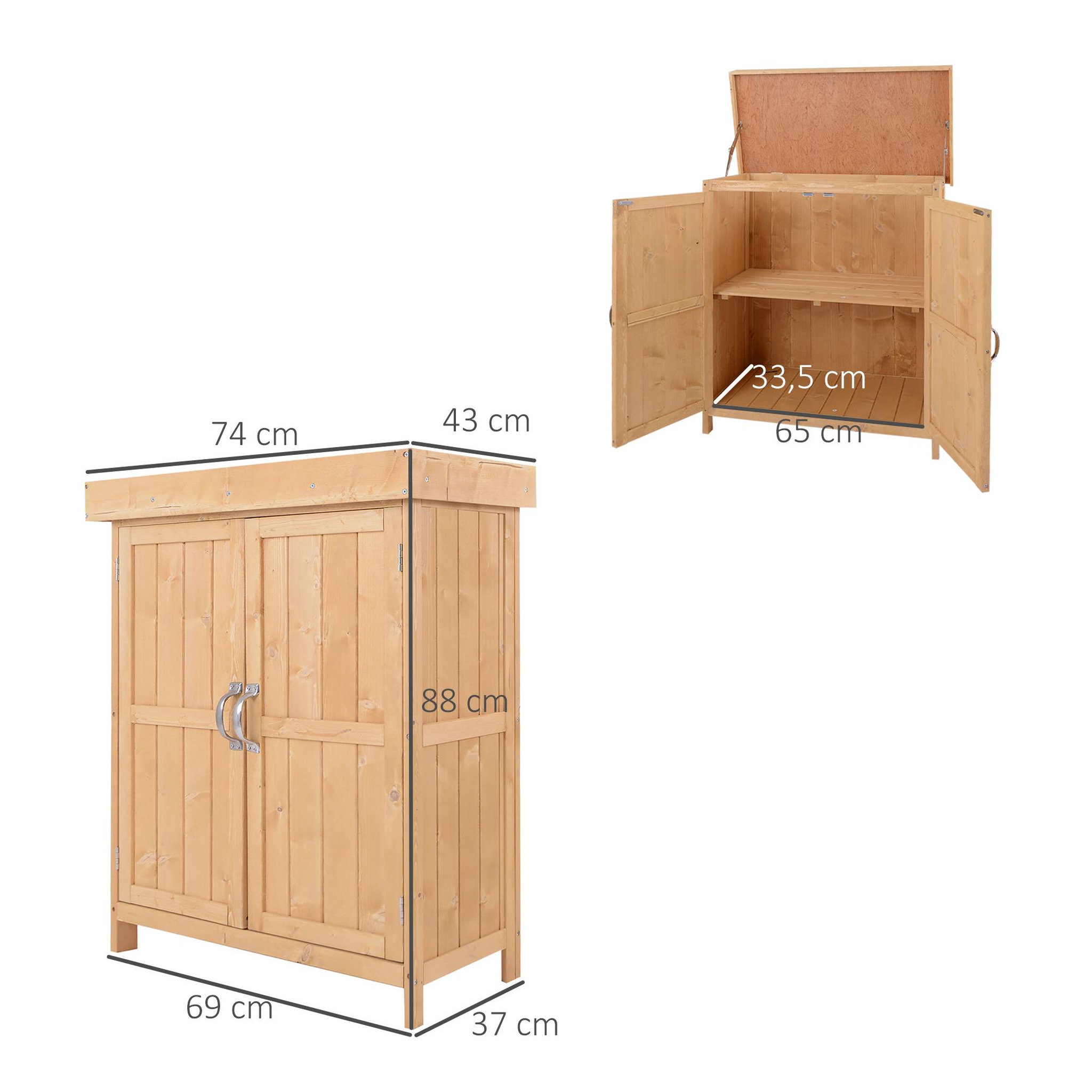 Voir la diapositive 3 : OUTSUNNY Armoire de jardin sur pied double porte étagère et toit bitumé relevable dim. 74L x 43l x 88H cm bois sapin