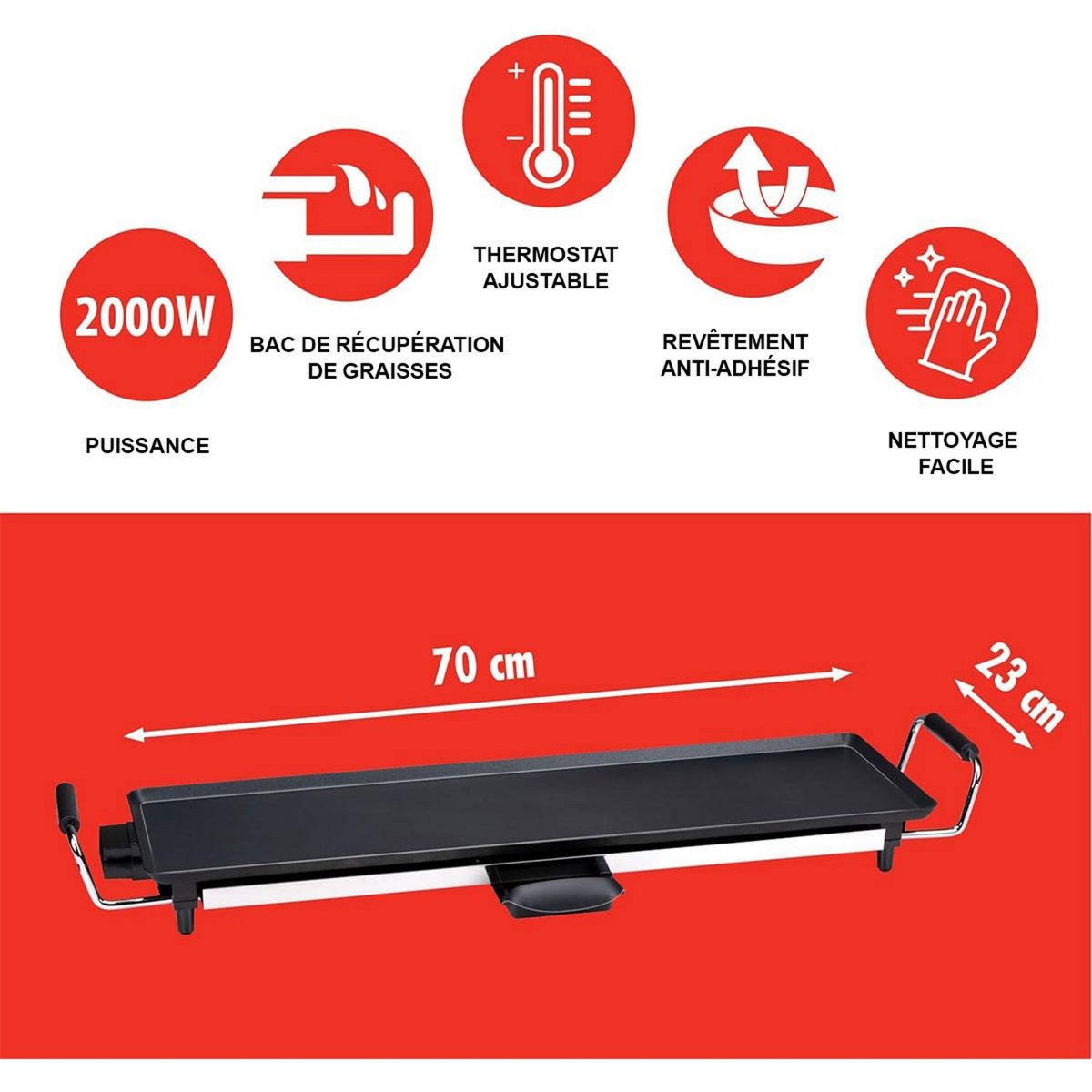 Alpina Plancha Grill Teppanyaki 2000W cuisson 70 x 23cm anti-adhésive ALPINA