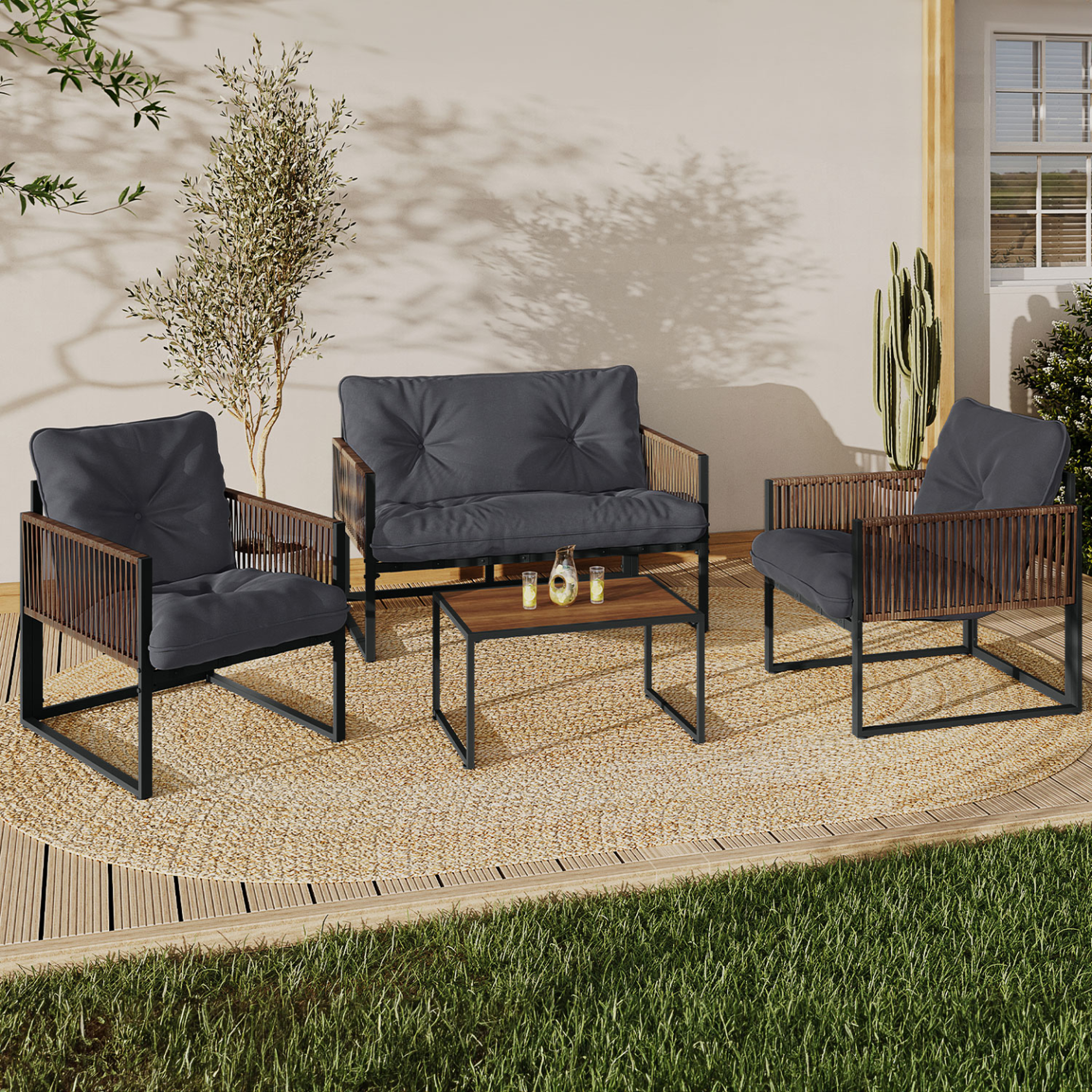 Voir la diapositive 2 : ID MARKET Salon de jardin bas rio 4 places structure métal gris anthracite, cordage effet rotin avec coussin gris