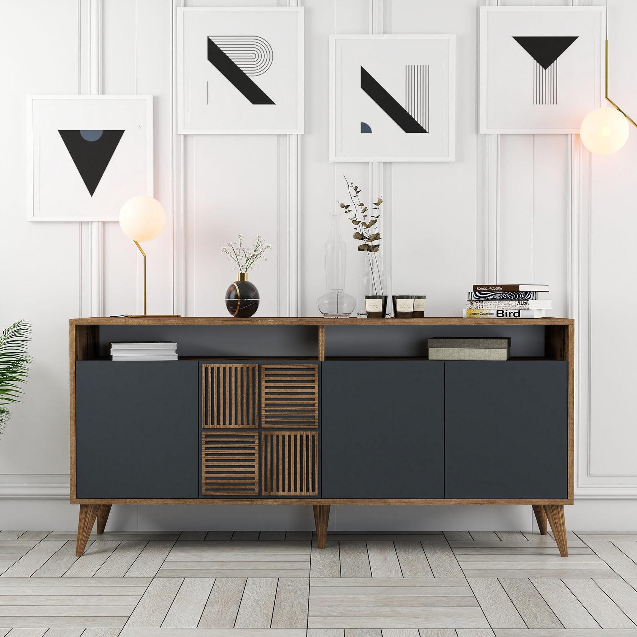 Voir la diapositive 2 : Habitat et Jardin Buffet en bois  Milan  - 160 x 35 x 78 cm - Noyer, Anthracite