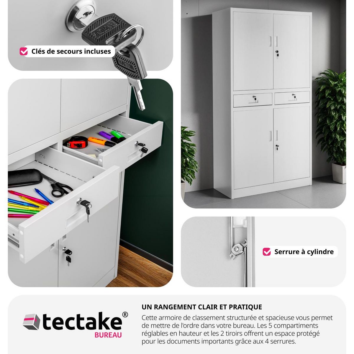 tectake Armoire de classement en métal en acier lâqué époxy gris clair