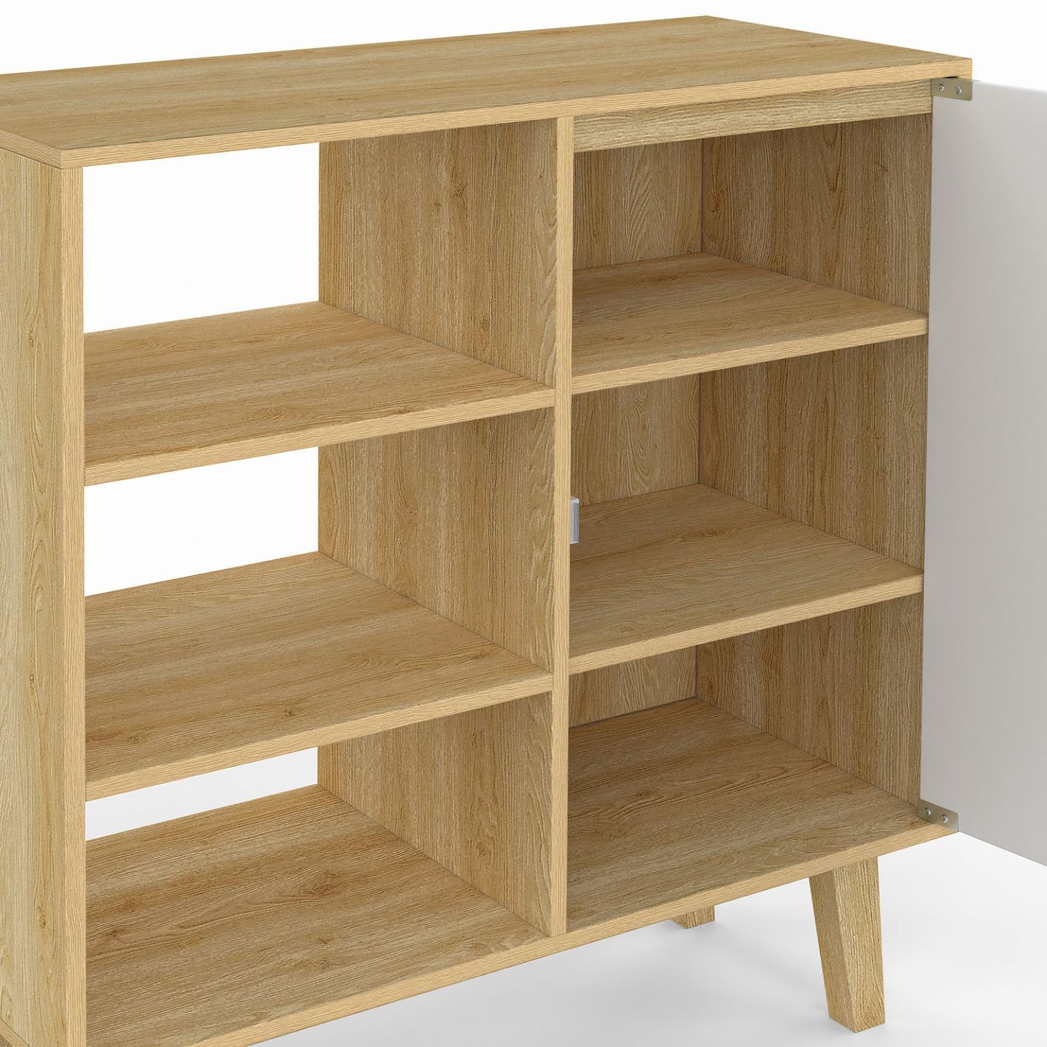 Voir la diapositive 6 : ID MARKET Buffet d'appoint 3 étagères et placard 70 cm finn blanc et bois façon hêtre