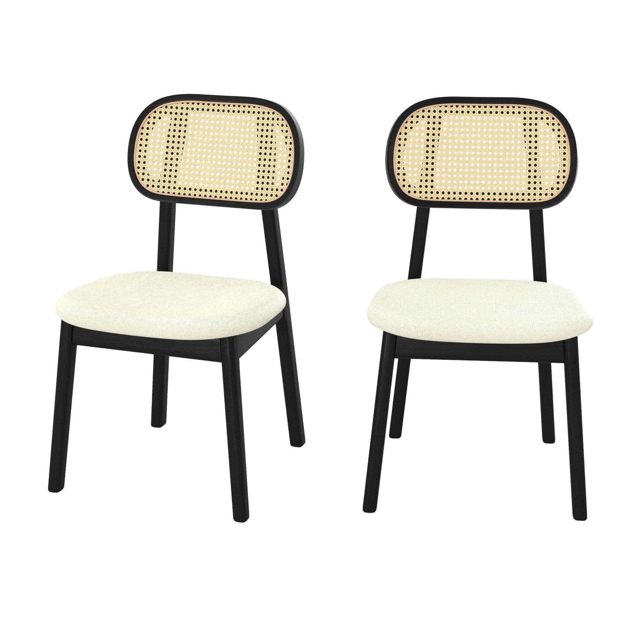 MAISON PAVANE Lot de 2 chaises en bois noir, tissu beige et rotin synthétique-maria