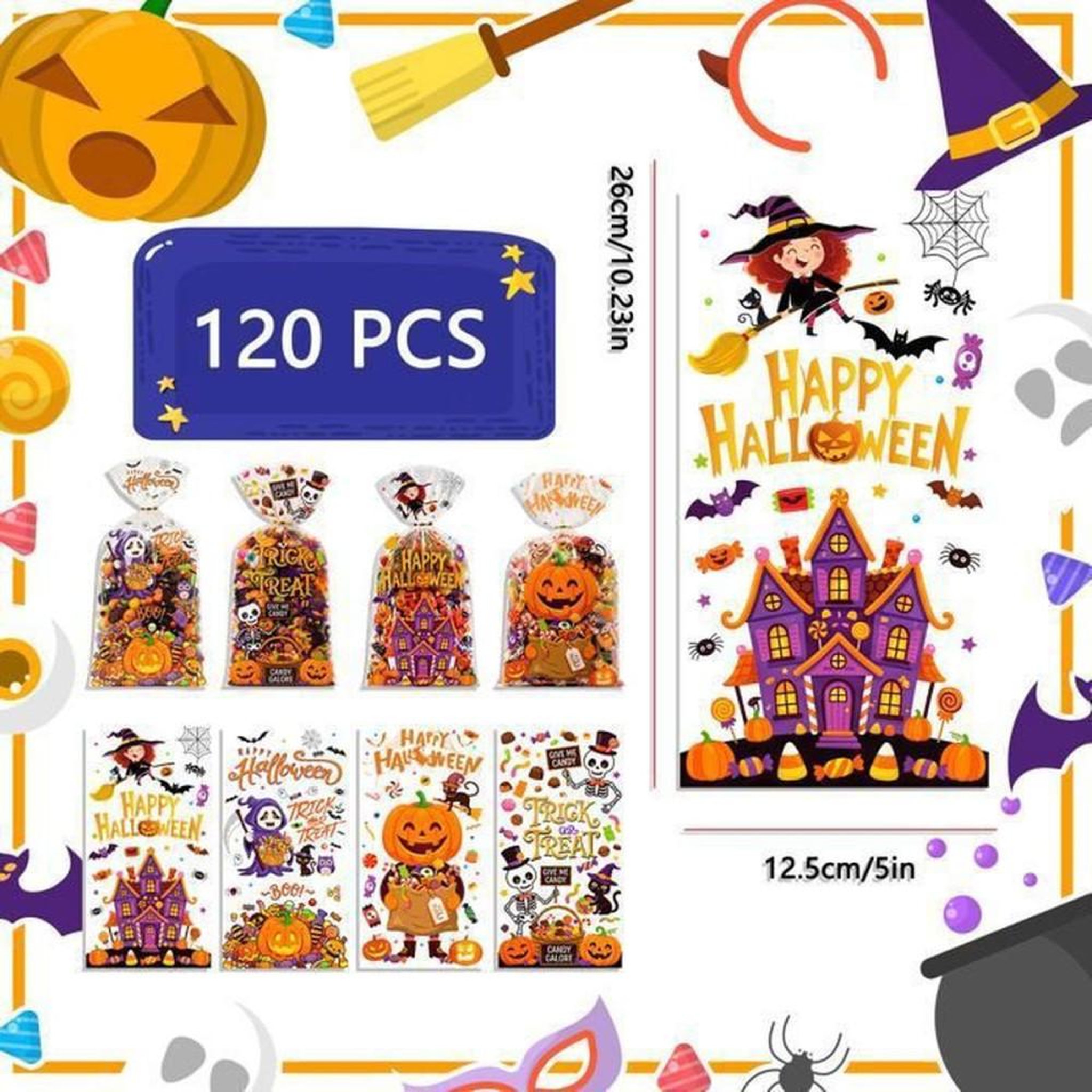 Voir la diapositive 2 : Sacs cadeaux bonbons Halloween multicolores 120 pièces