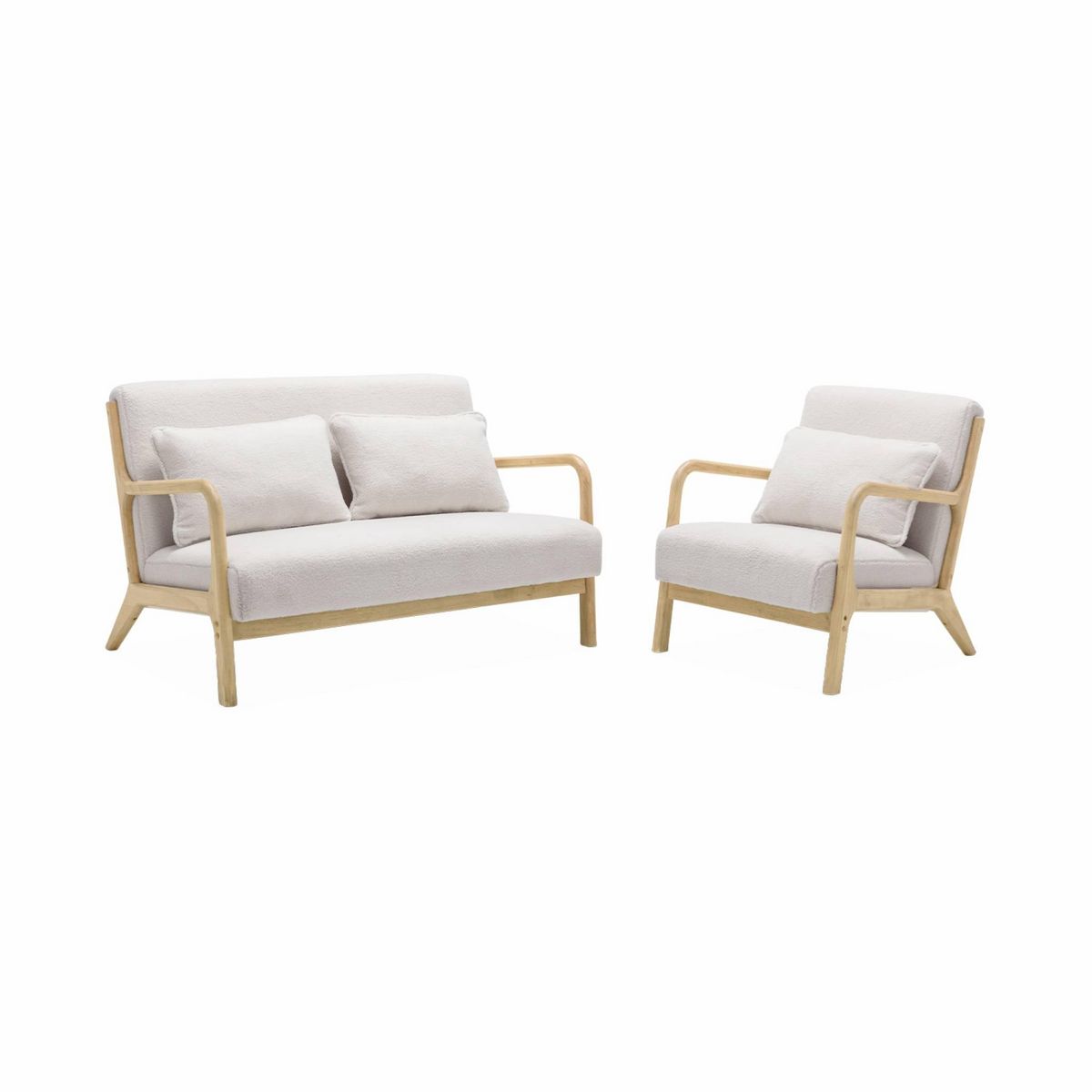SWEEEK Banquette 2 places scandinave en bois et tissu bouclette. Lorens. L 124 x P 83 x H 77cm