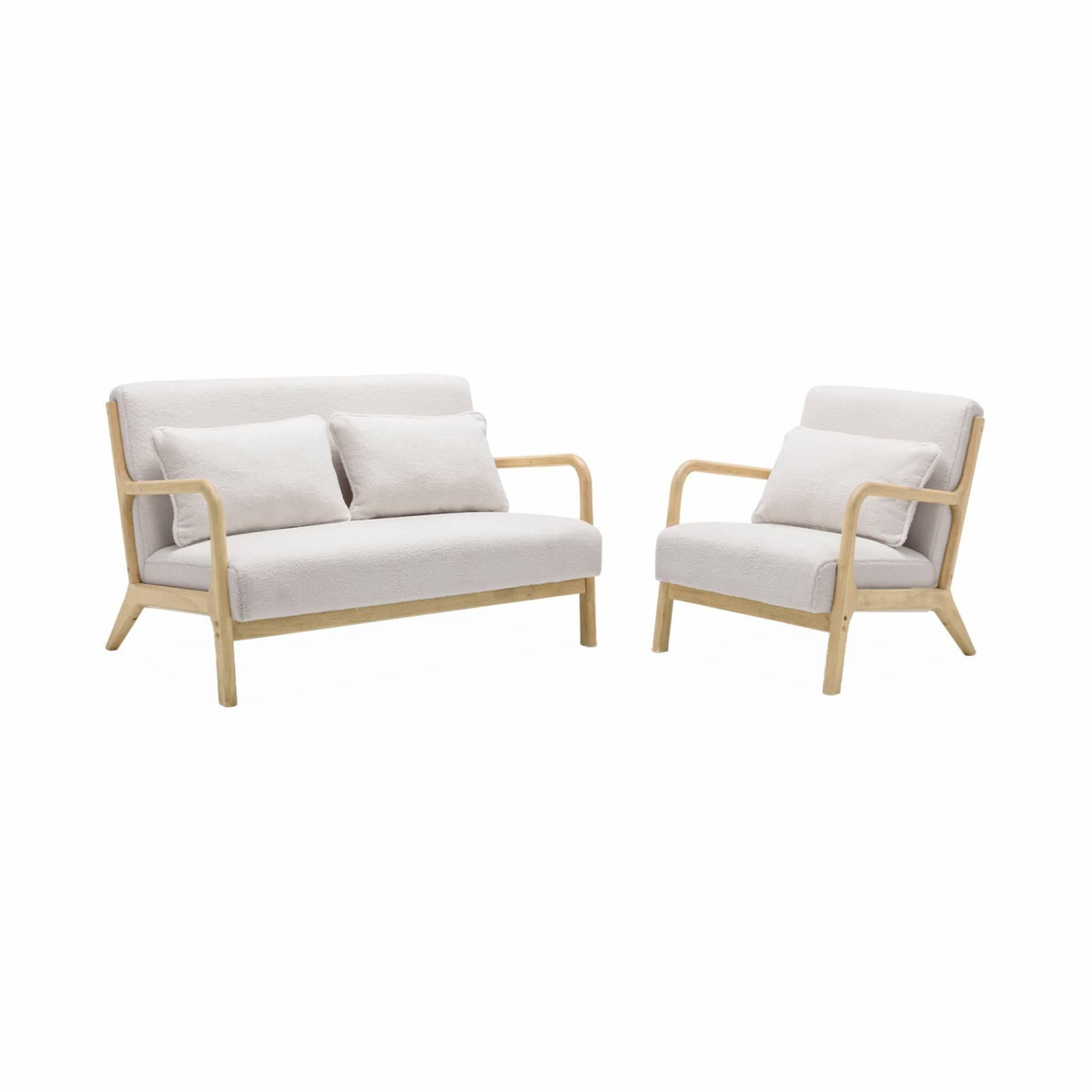SWEEEK Banquette 2 places scandinave en bois et tissu bouclette. Lorens. L 124 x P 83 x H 77cm