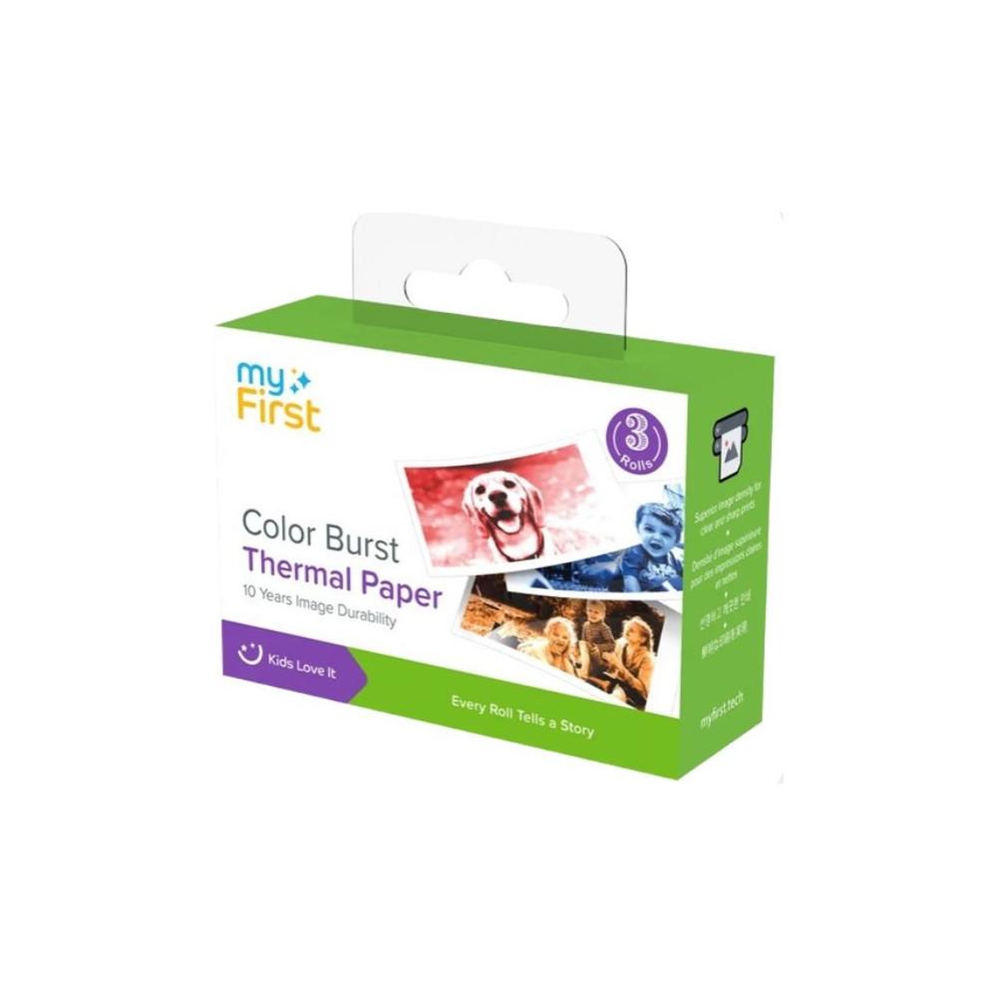 MY FIRST Papier photo thermique instantané Color Burst blanc pour Insta 20, Insta2 et WII, effets bicolores, 3 rouleaux