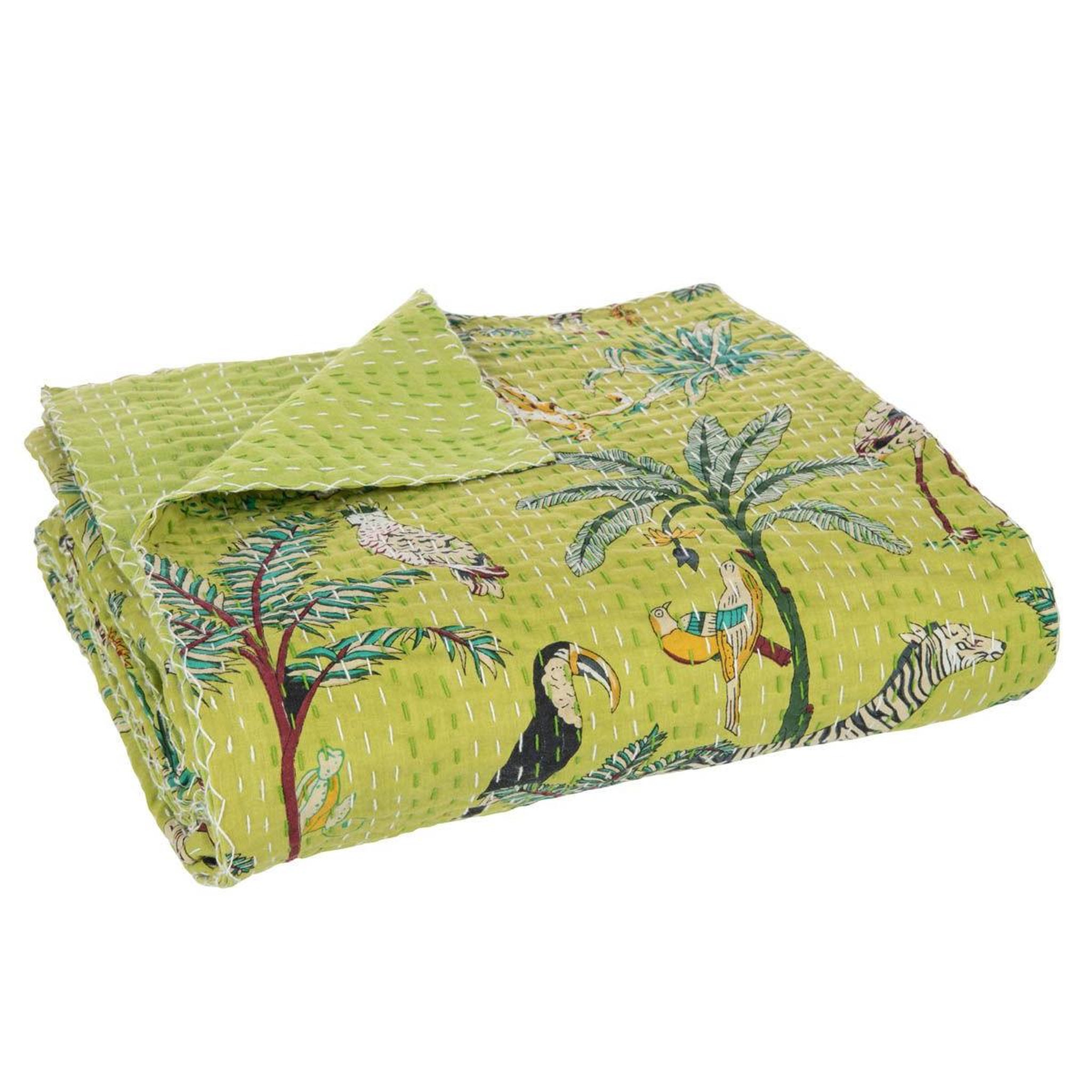 Voir la diapositive 2 : J-LINE Plaid en coton imprimé  exotique  220x270cm vert