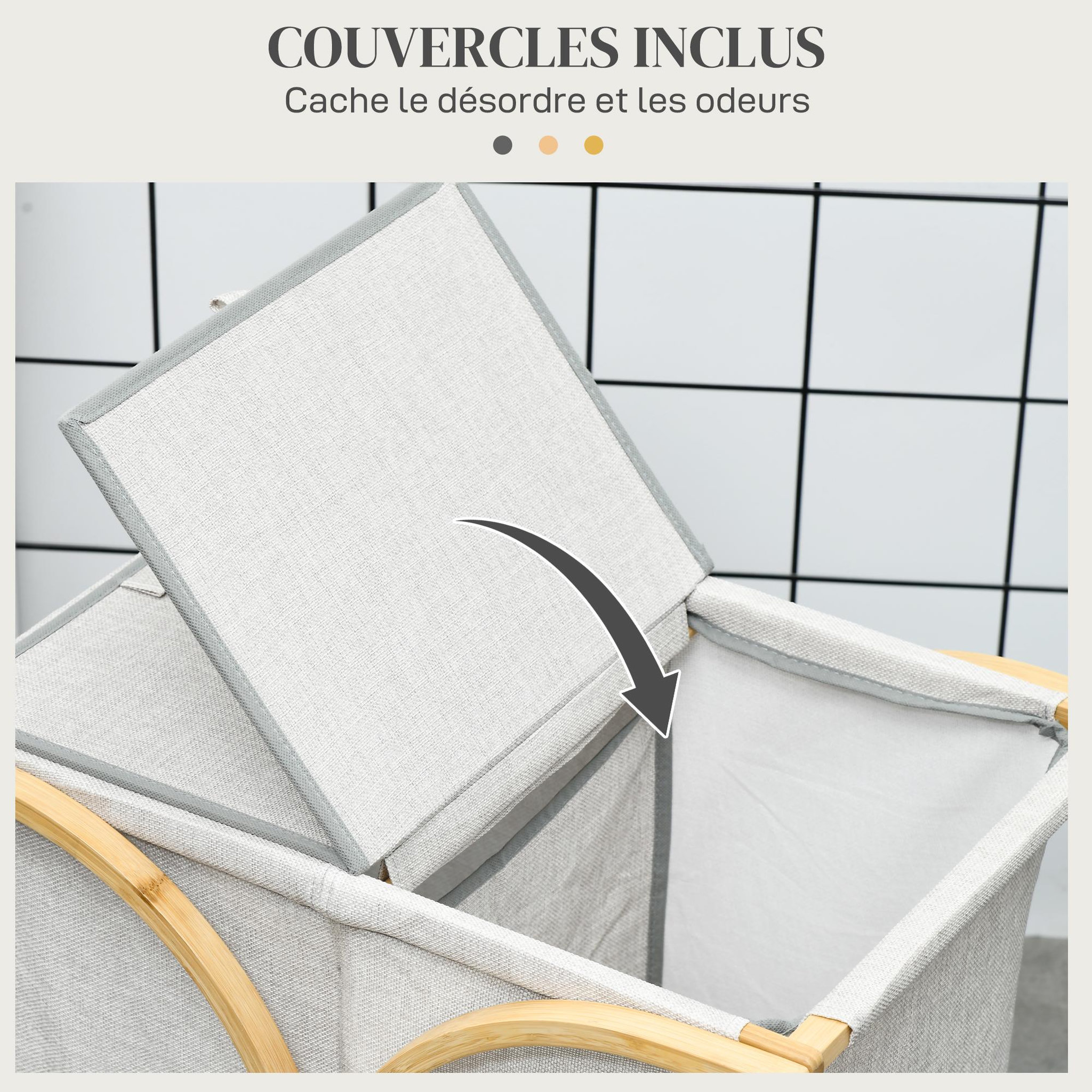 Voir la diapositive 5 : HOMCOM Panier à linge corbeille à linge bac linge sale 2 paniers bambou polyester gris