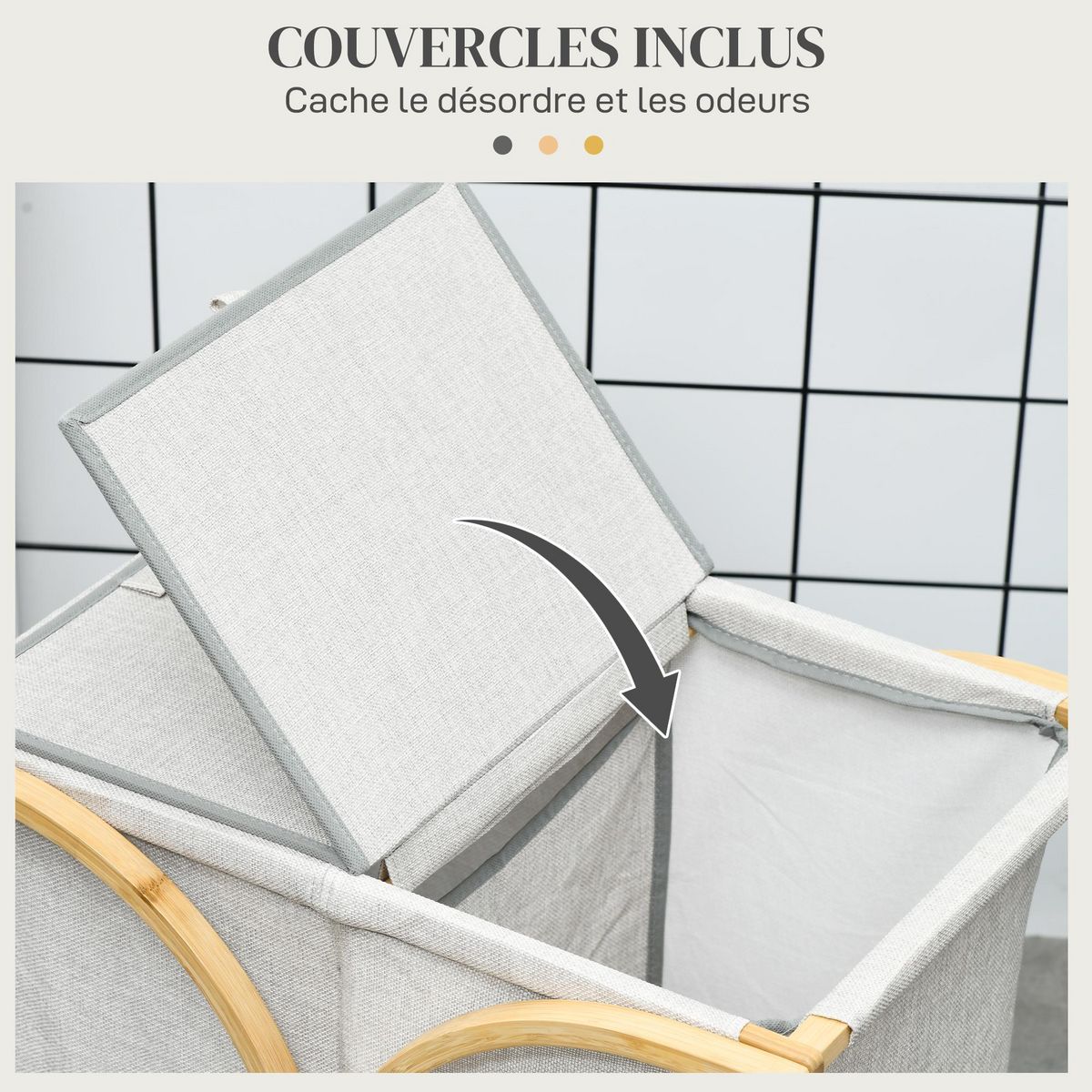 HOMCOM Panier à linge corbeille à linge bac linge sale 2 paniers bambou polyester gris