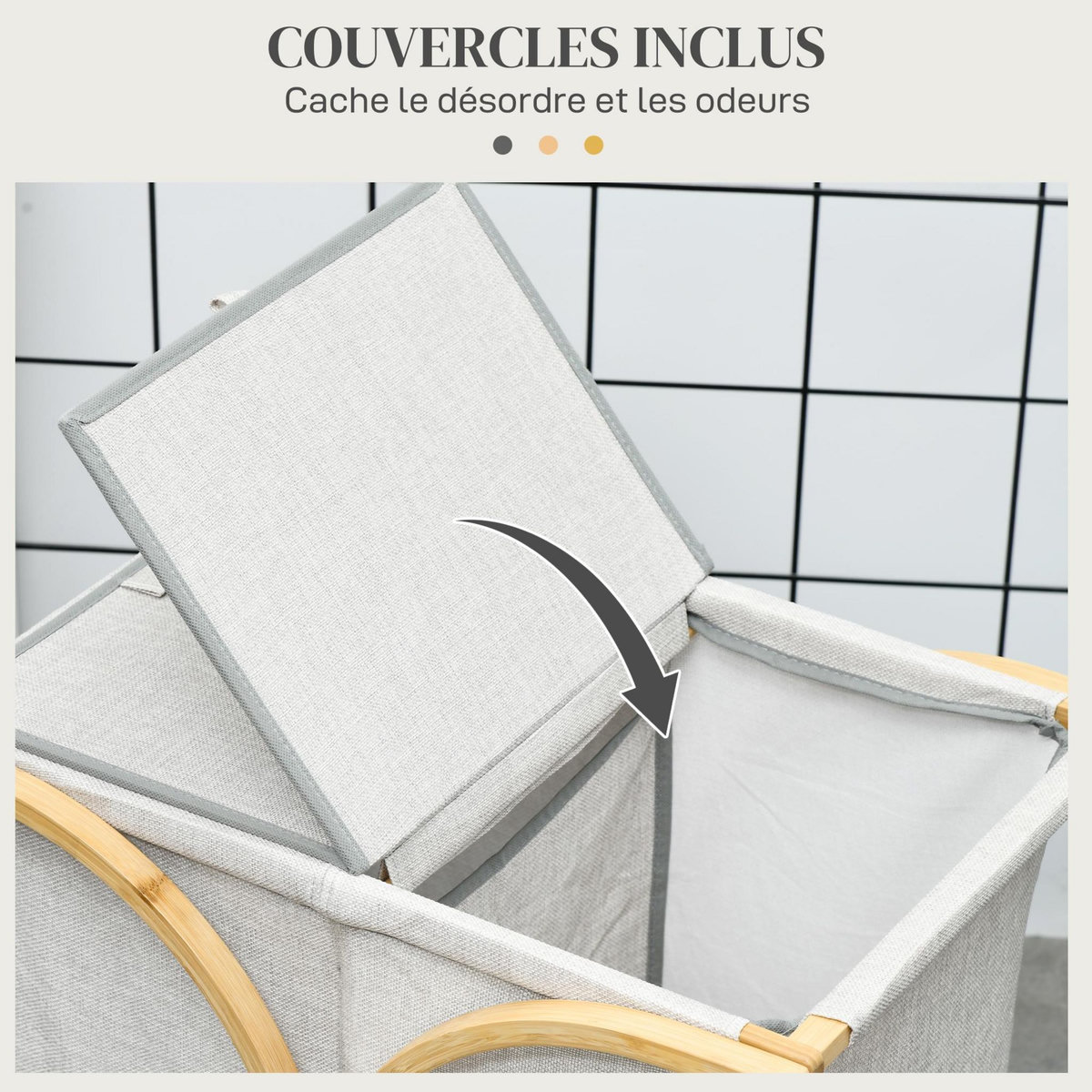 HOMCOM Panier à linge corbeille à linge bac linge sale 2 paniers bambou polyester gris