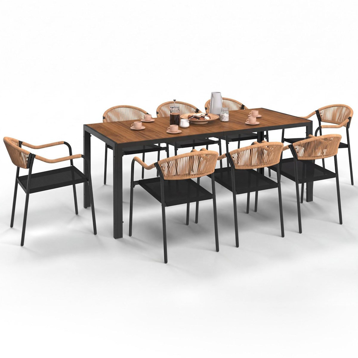 ID MARKET Salon de jardin MADEIRA table 190 cm et 8 chaises cordage et textilène noir et rotin clair