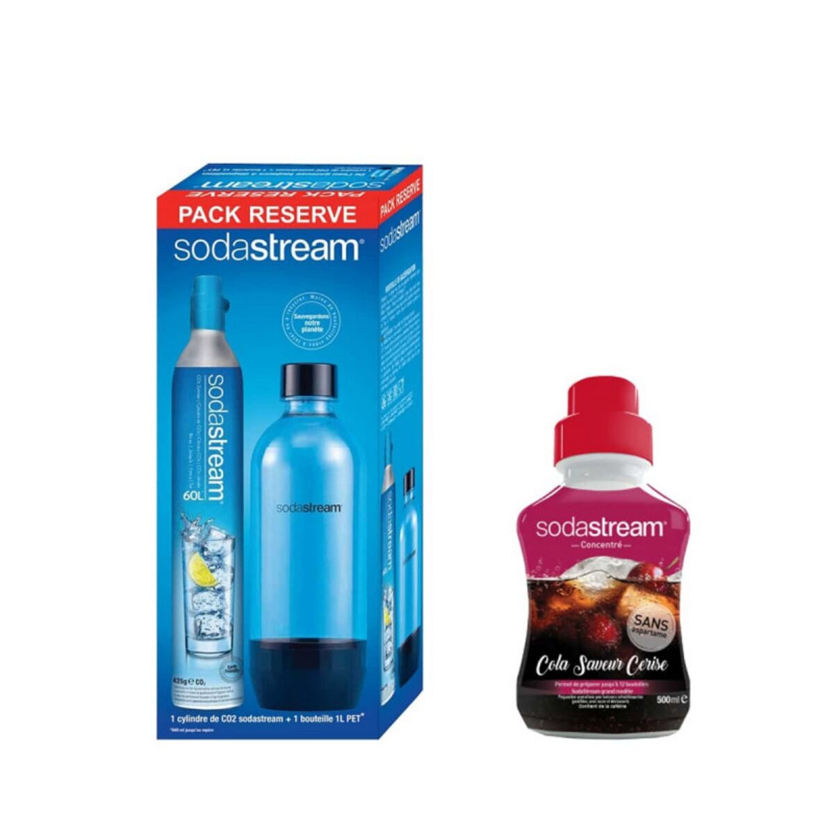 SODASTREAM Pack SODASTREAM Cylindre CO2 60L - 1 bouteille PET 1L - Concentré  Cola cherry cerise 500 ml pas cher 