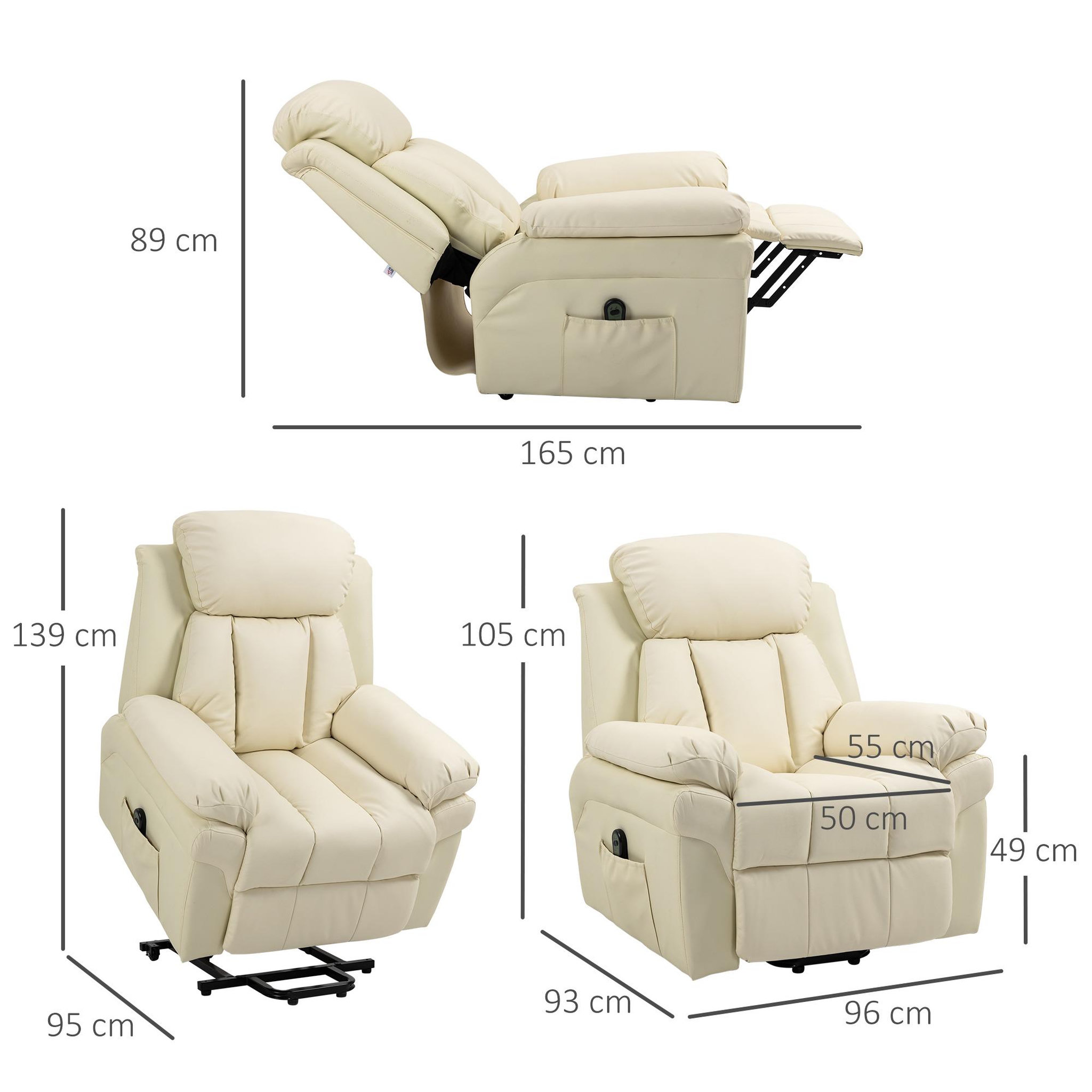 Voir la diapositive 3 : HOMCOM Fauteuil releveur inclinable avec repose-pied ajustable - fauteuil de relaxation électrique - revêtement synthétique crème