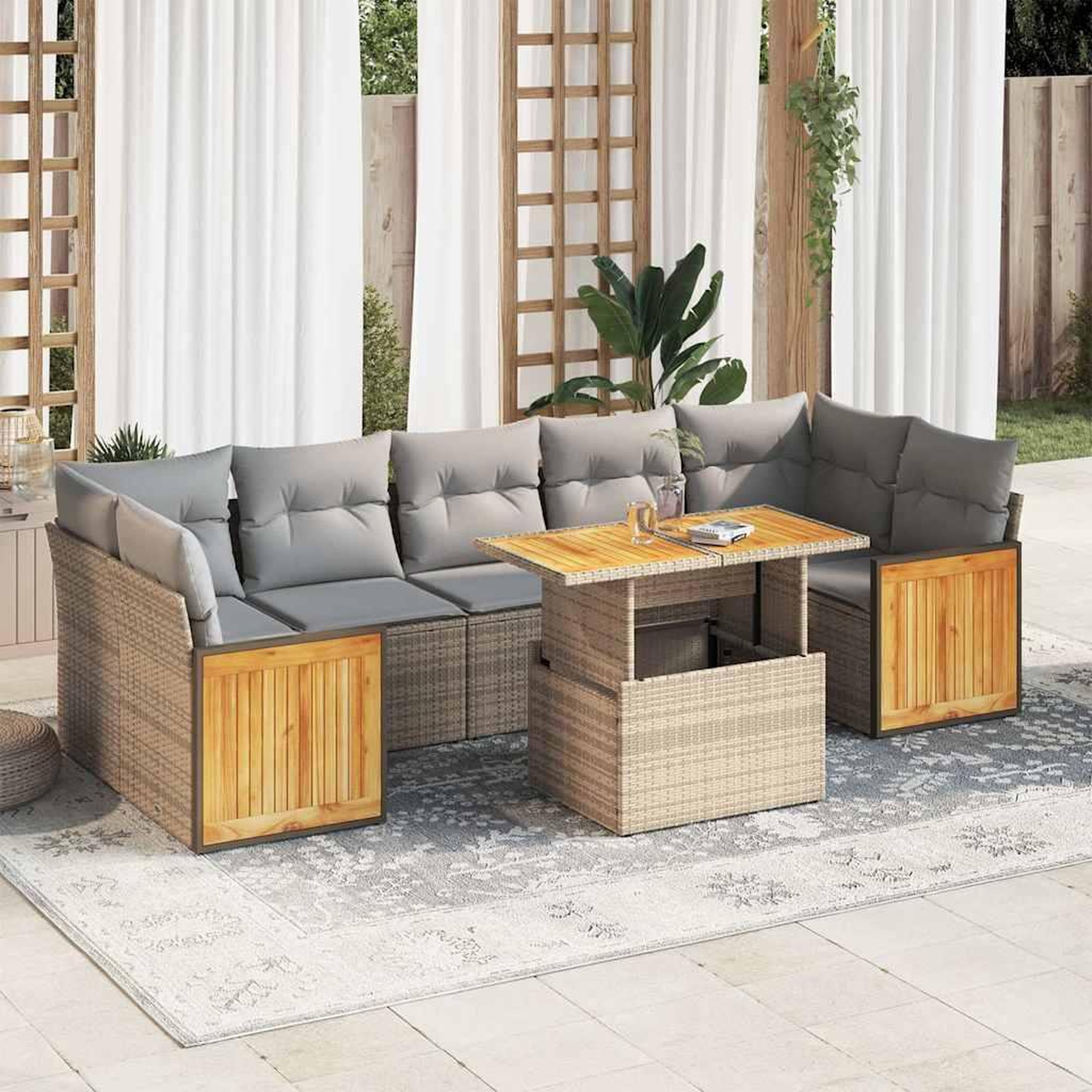 VIDAXL Salon de jardin avec coussins 8 pcs beige resine tressee acacia