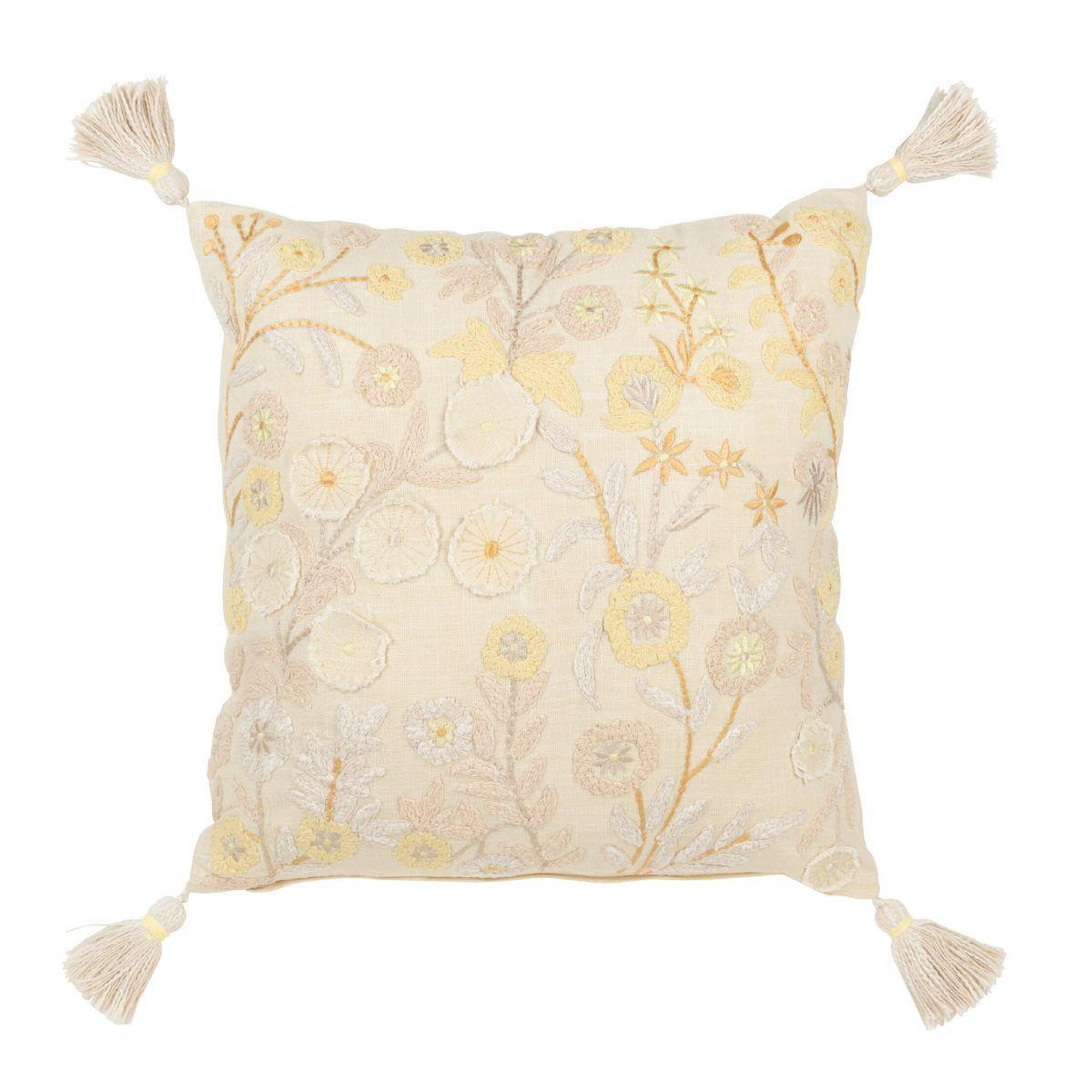J-LINE Coussin déco à pompons  champêtre  45x45cm jaune clair