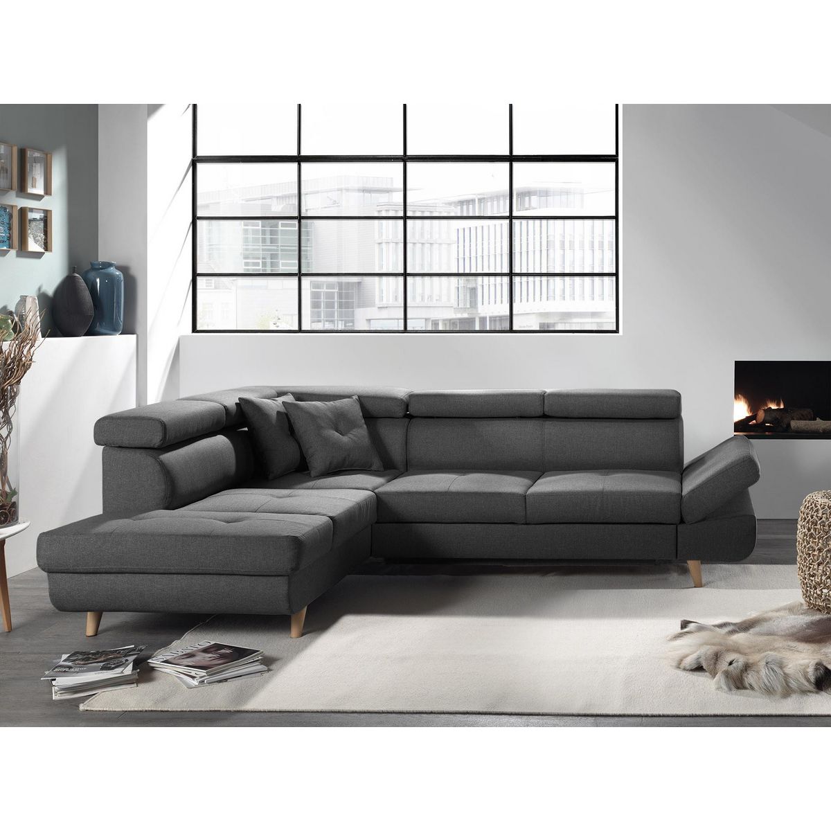 BEST MOBILIER Linea - canapé d'angle gauche convertible - 5 places - avec têtières