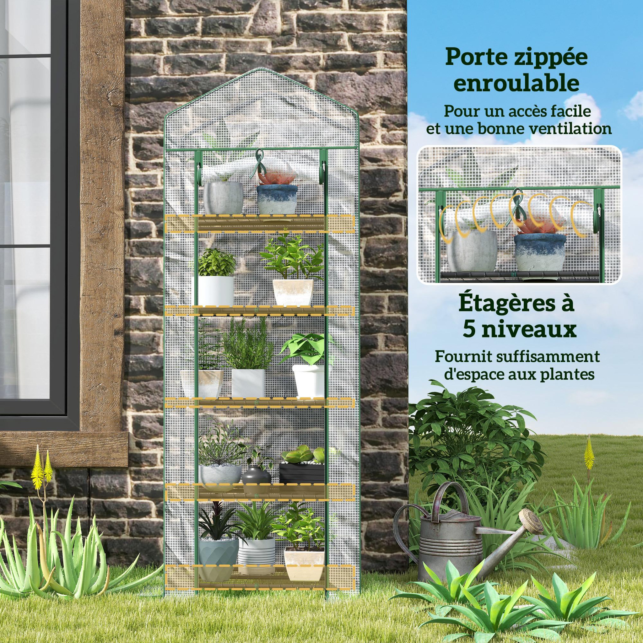Voir la diapositive 5 : OUTSUNNY Serre de jardin balcon 5 étagères porte zippée 69 x 49 x 193 cm acier thermolaqué bâche pe blanc