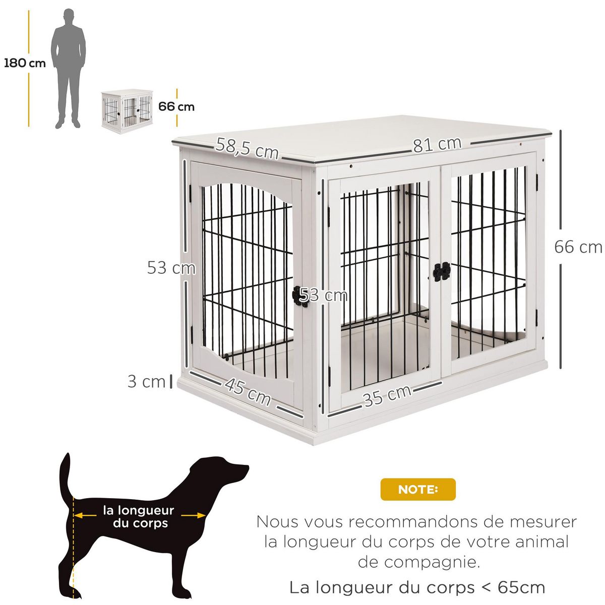 PAWHUT Cage pour chien animaux cage en bois MDF classe E1 3 portes verrouillables max. 30 Kg dim. 81L x 58l x 66H cm blanc noir