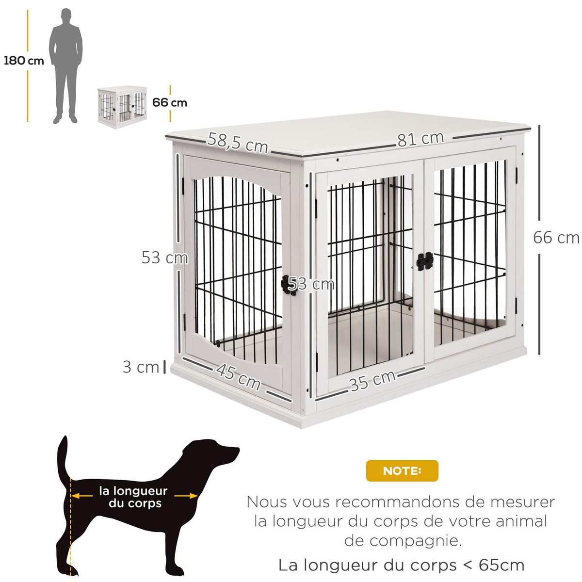 PAWHUT Cage pour chien animaux cage en bois MDF classe E1 3 portes verrouillables max. 30 Kg dim. 81L x 58l x 66H cm blanc noir