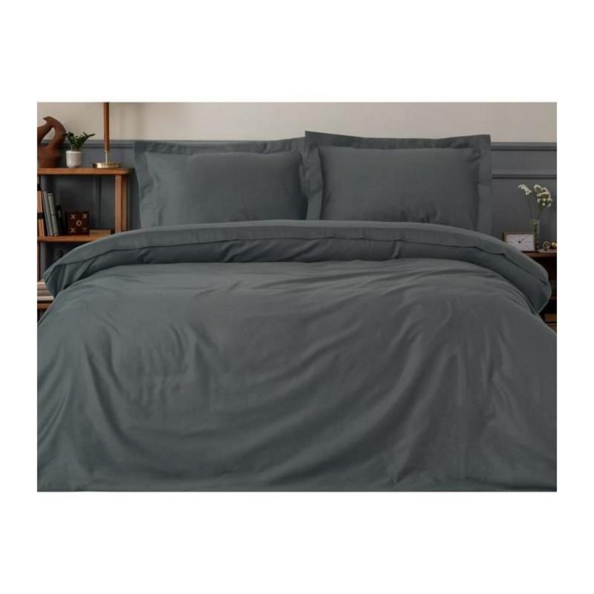 GENERIQUE Parure de lit - 129CTN63974 - 1 housse de couette 220 x 240 cm + 2 taies d'oreiller 60 x 60 cm - Satiné 100% coton - Anthracite