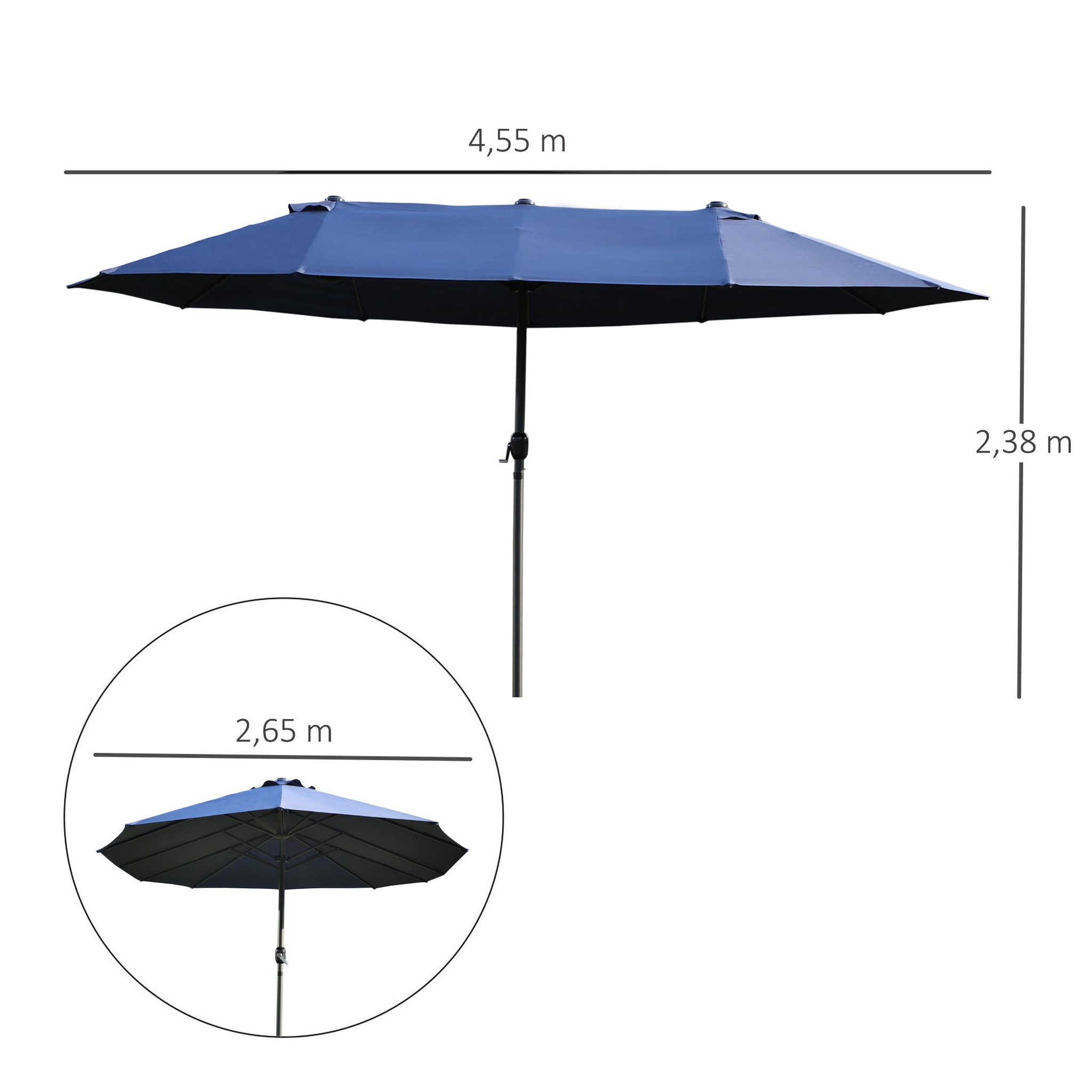 Voir la diapositive 3 : OUTSUNNY Parasol de jardin XXL parasol grande taille 4,6L x 2,7l x 2,4H m ouverture fermeture manivelle acier polyester haute densité bleu