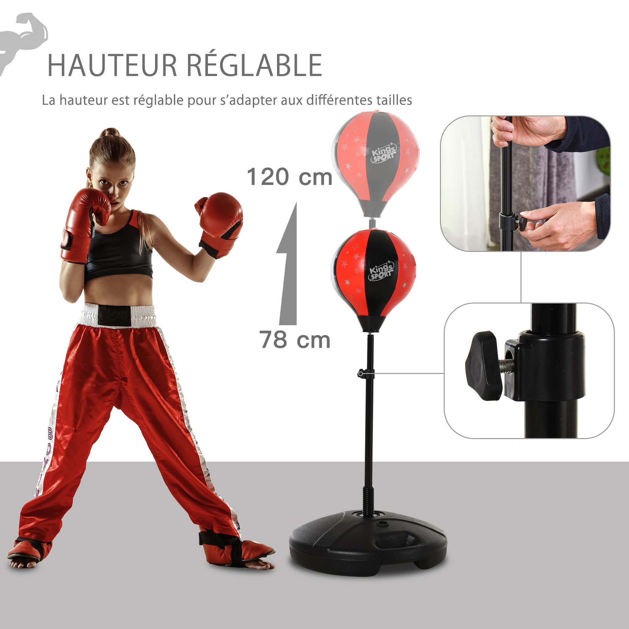 Voir la diapositive 5 : HOMCOM Punching ball sur pied pour enfant hauteur réglable 78-120 cm base de lestage paire gants inclus rouge noir