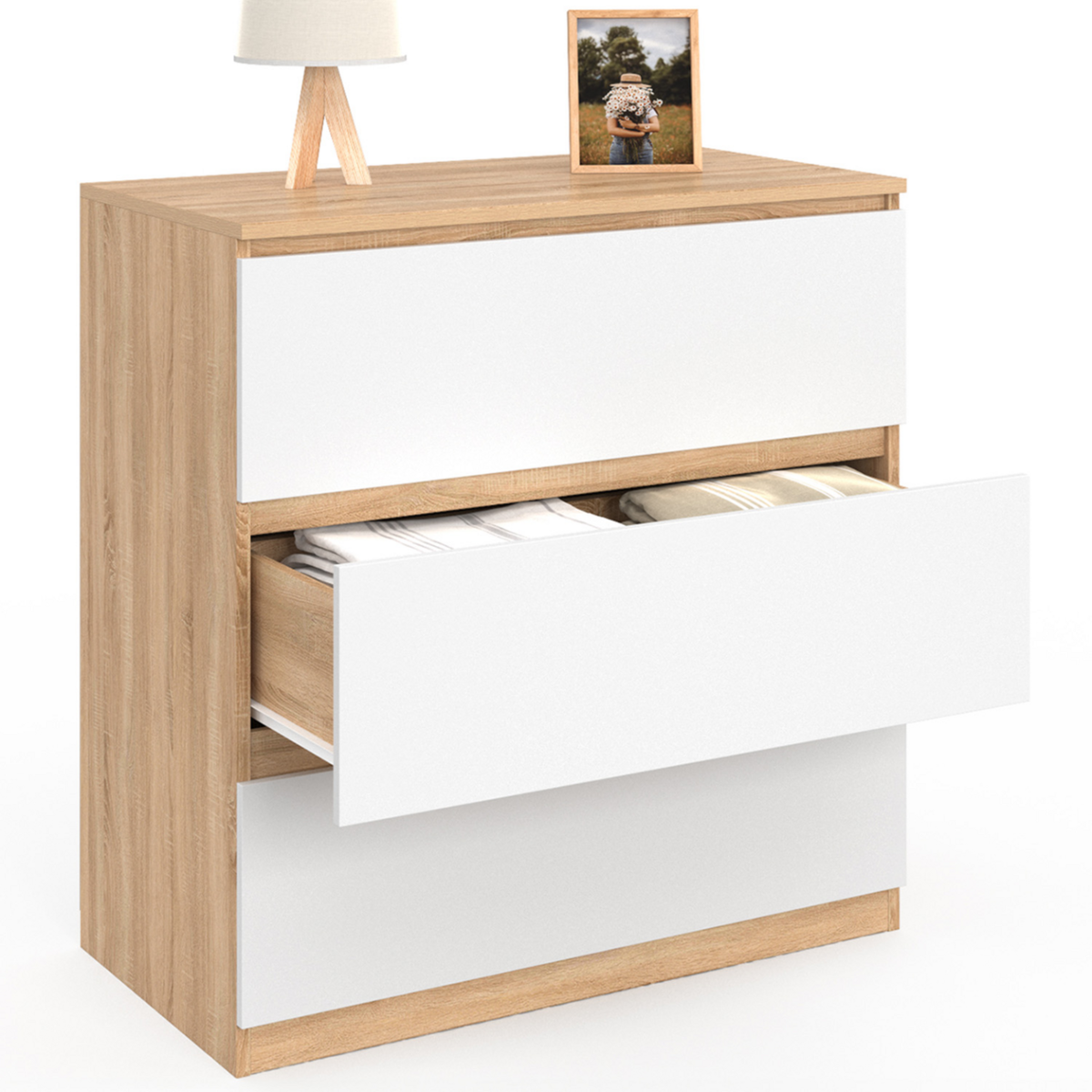 ID MARKET Commode 3 tiroirs TOMI 78 cm façon hêtre et blanc