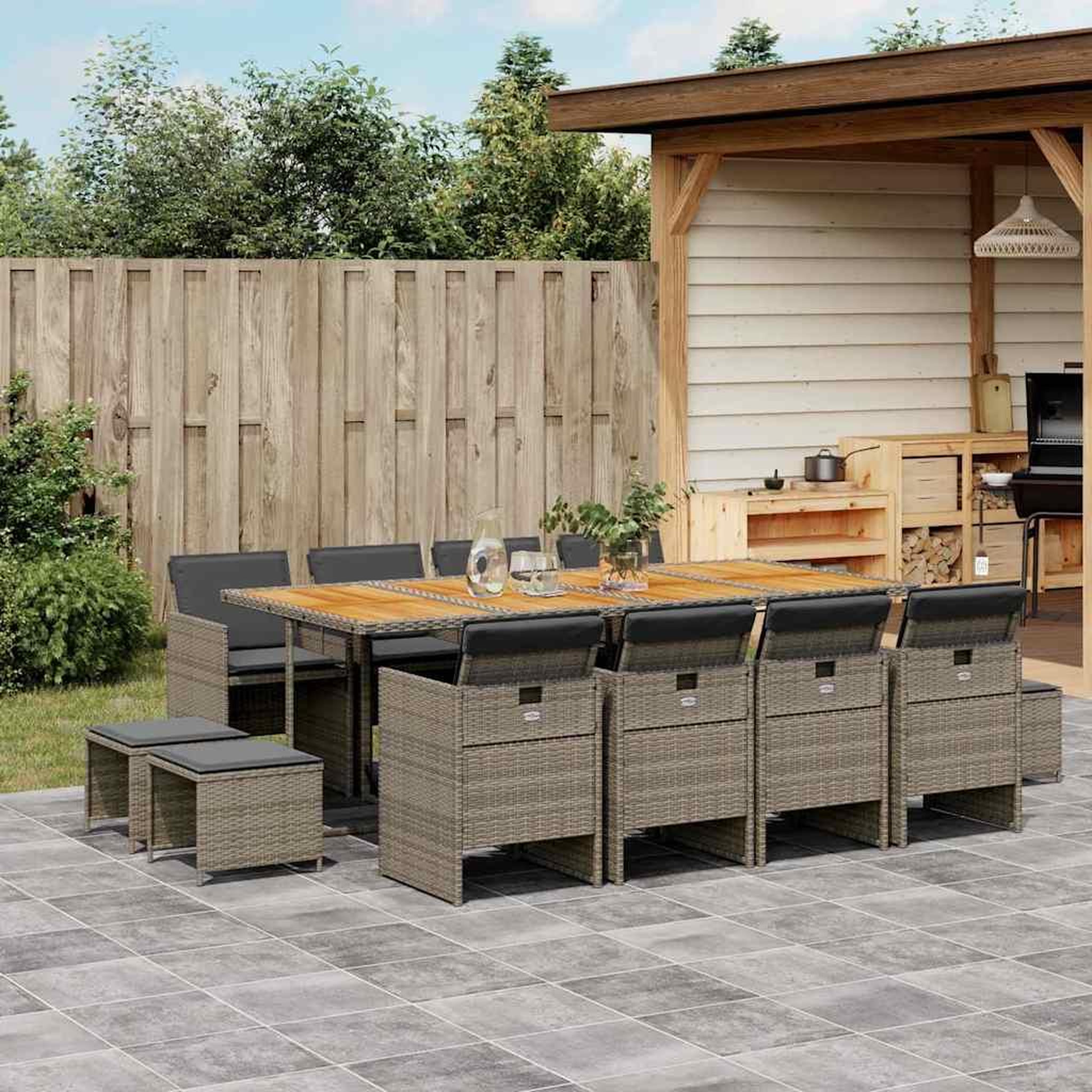 VIDAXL Ensemble a manger de jardin coussins 13 pcs gris resine tressee