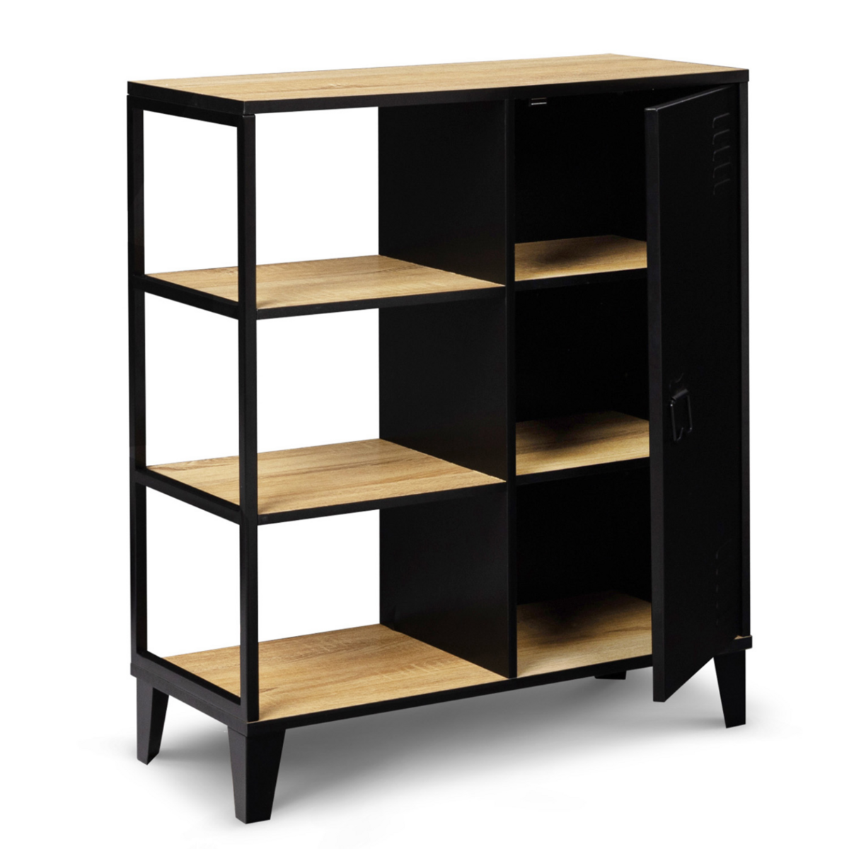 ID MARKET Buffet d'appoint 3 étagères et placard métal noir et plateau bois 70 cm ESTER design industriel