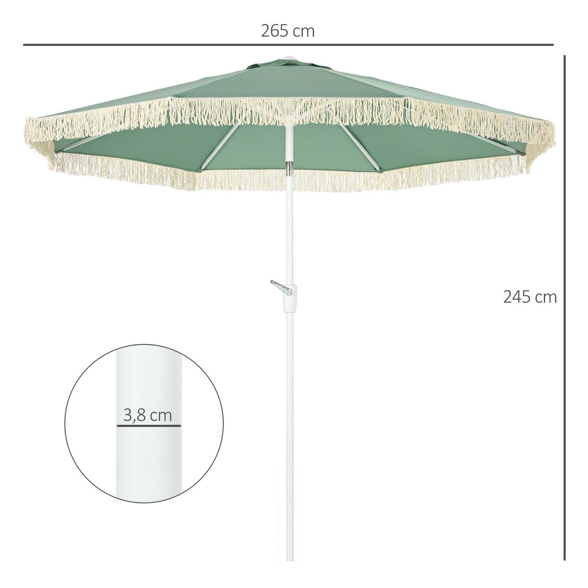 OUTSUNNY Parasol inclinable de jardin style bohème à franges polyester haute densité vert