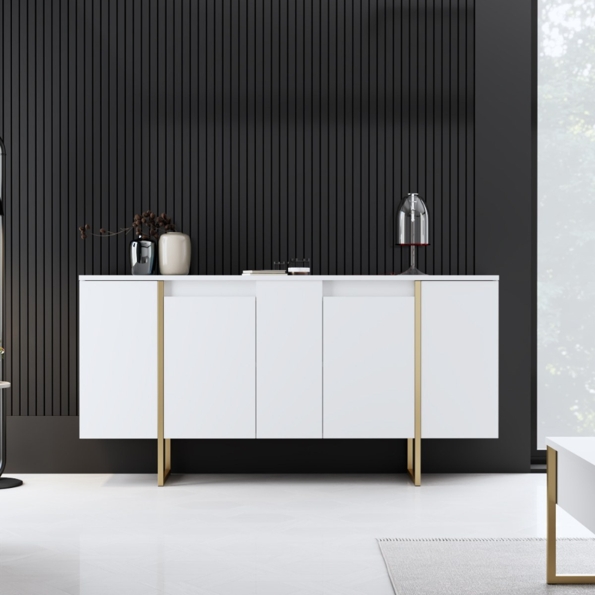 Voir la diapositive 2 : CONCEPT USINE Buffet design blanc et or 160 cm - 4 portes LUXOR