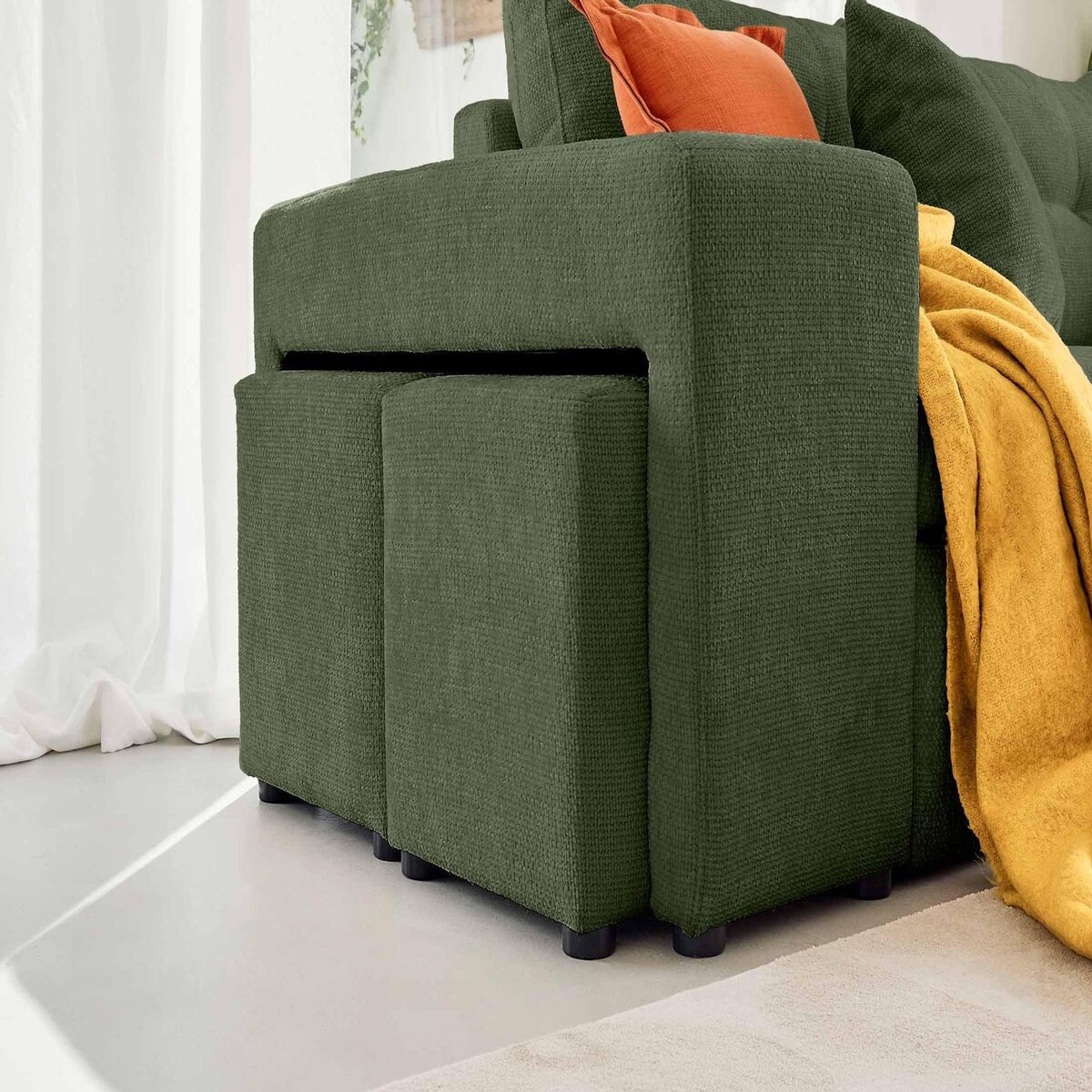 BEST MOBILIER California - canapé d'angle réversible 4 places - convertible avec coffre, étagère et poufs - en velours texturé