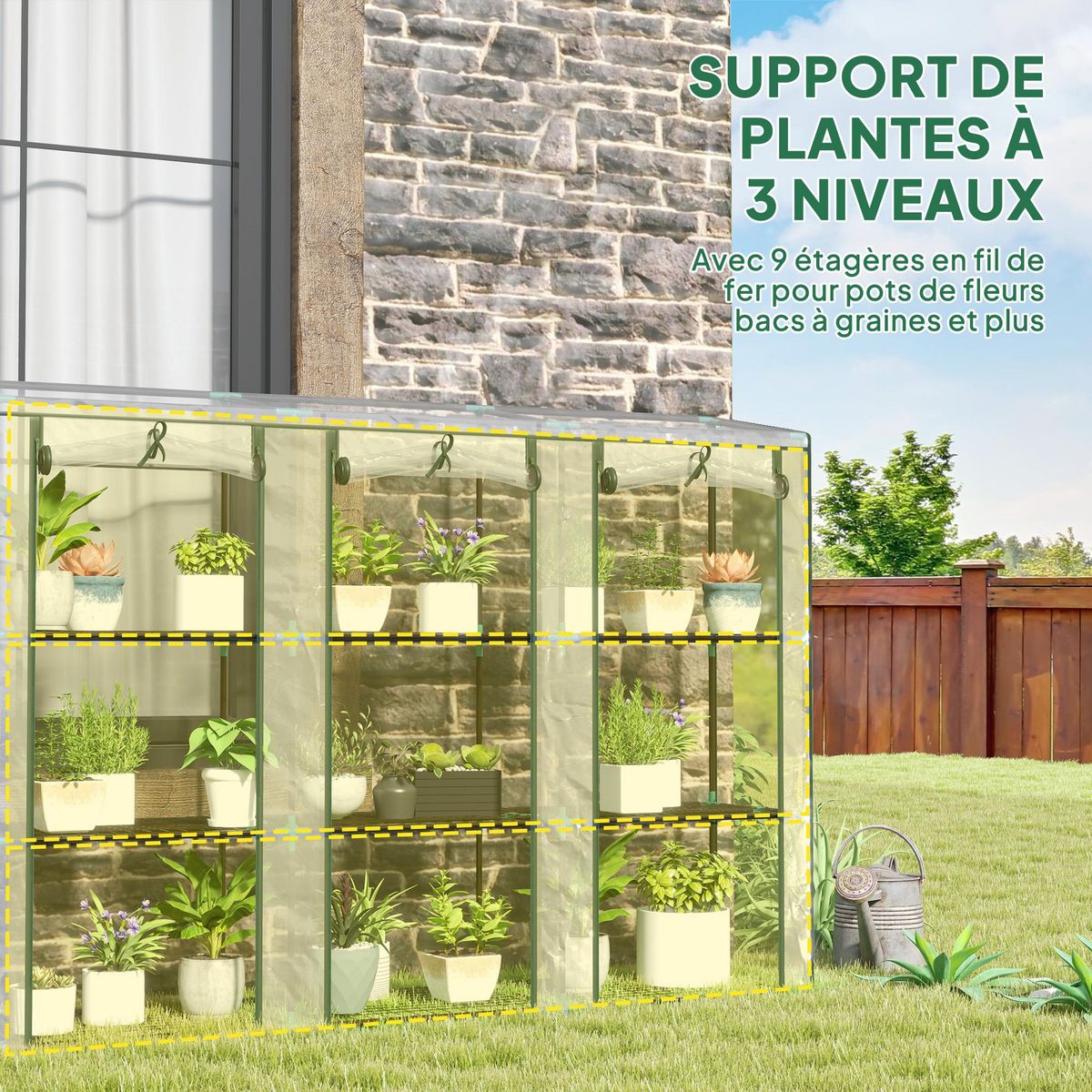 OUTSUNNY Serre de jardin balcon avec étagères métalliques 3 niveaux 3 portes acier noir PVC transparent