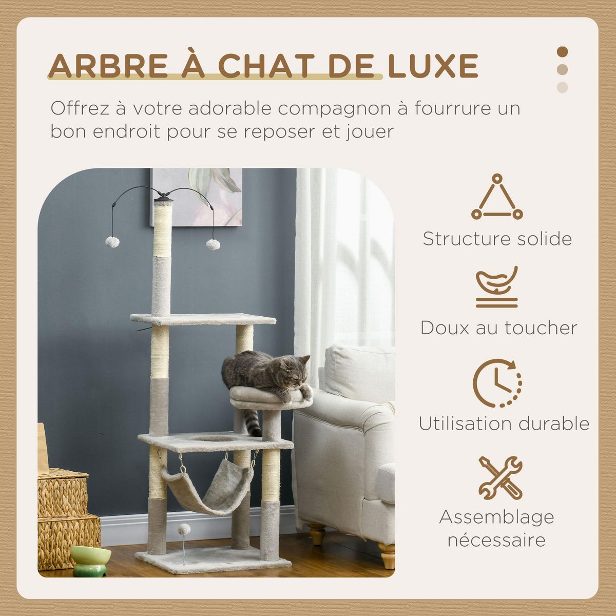 PAWHUT Arbre à chat griffoirs sisal naturel plateforme panier hamac boules suspendues et à ressort peluche gris clair