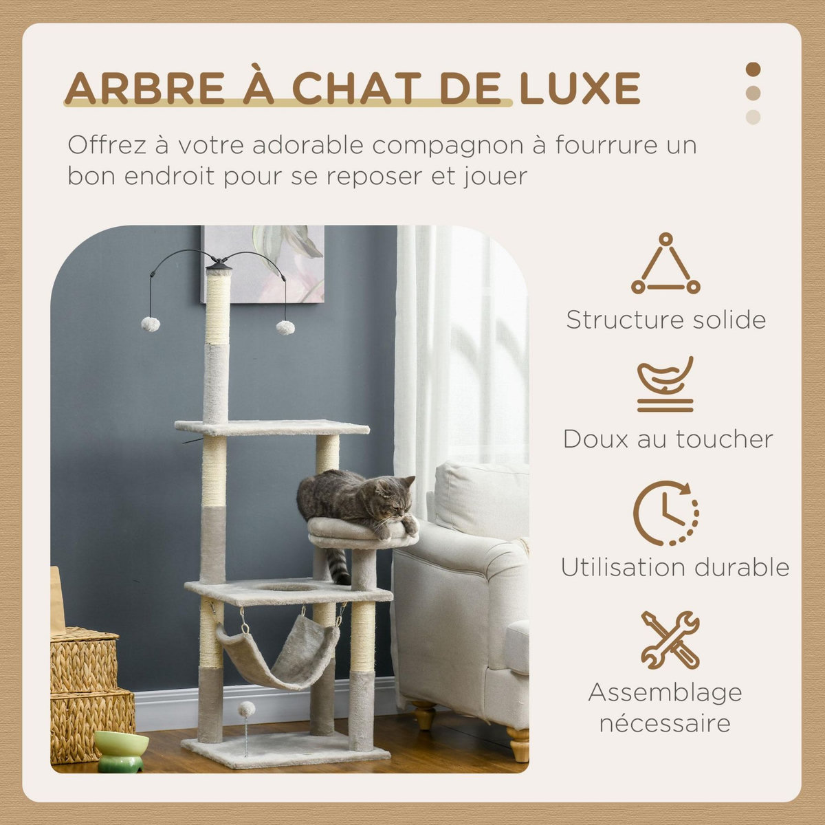 PAWHUT Arbre à chat griffoirs sisal naturel plateforme panier hamac boules suspendues et à ressort peluche gris clair