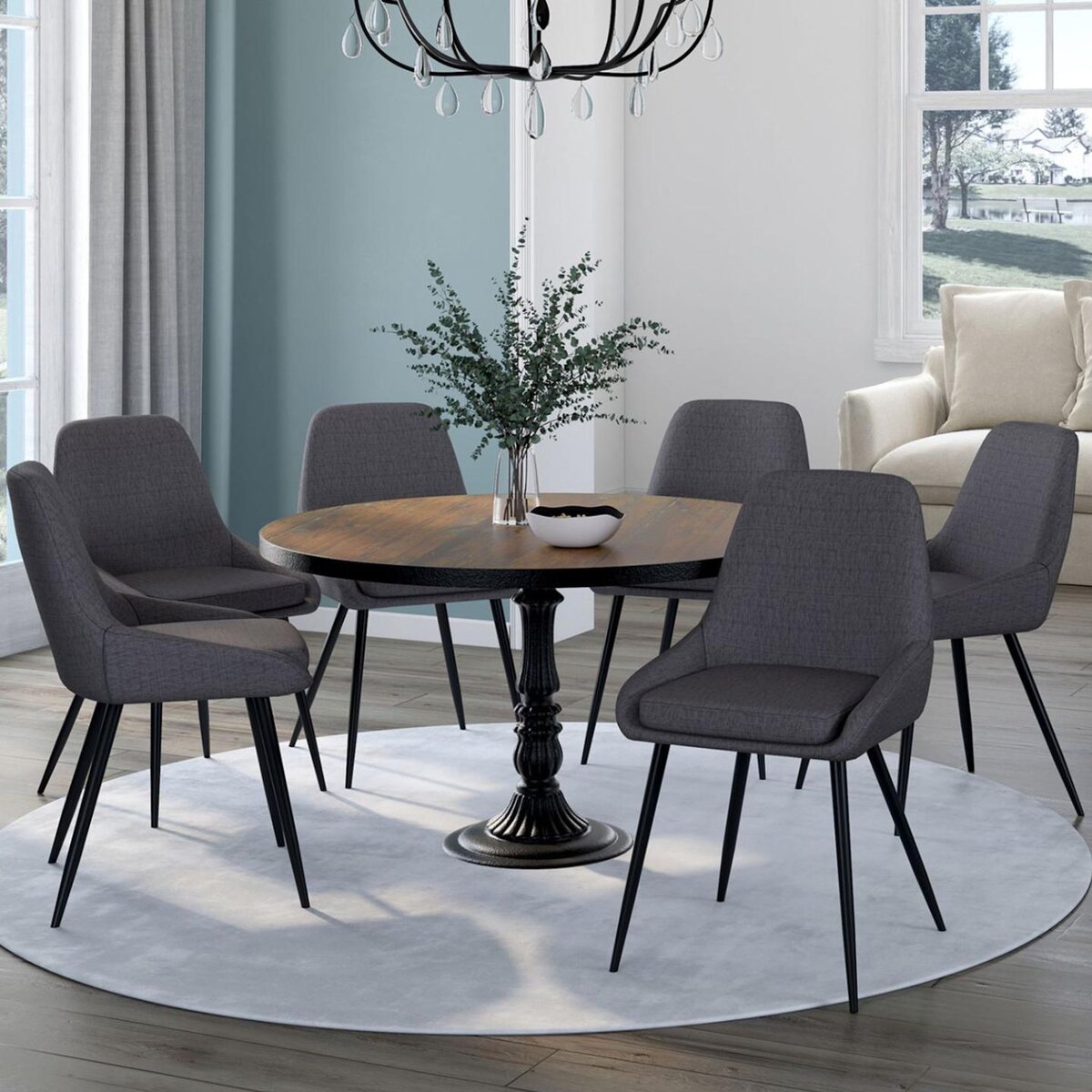 ID MARKET Lot de 6 chaises THALYA en tissu gris avec accoudoirs