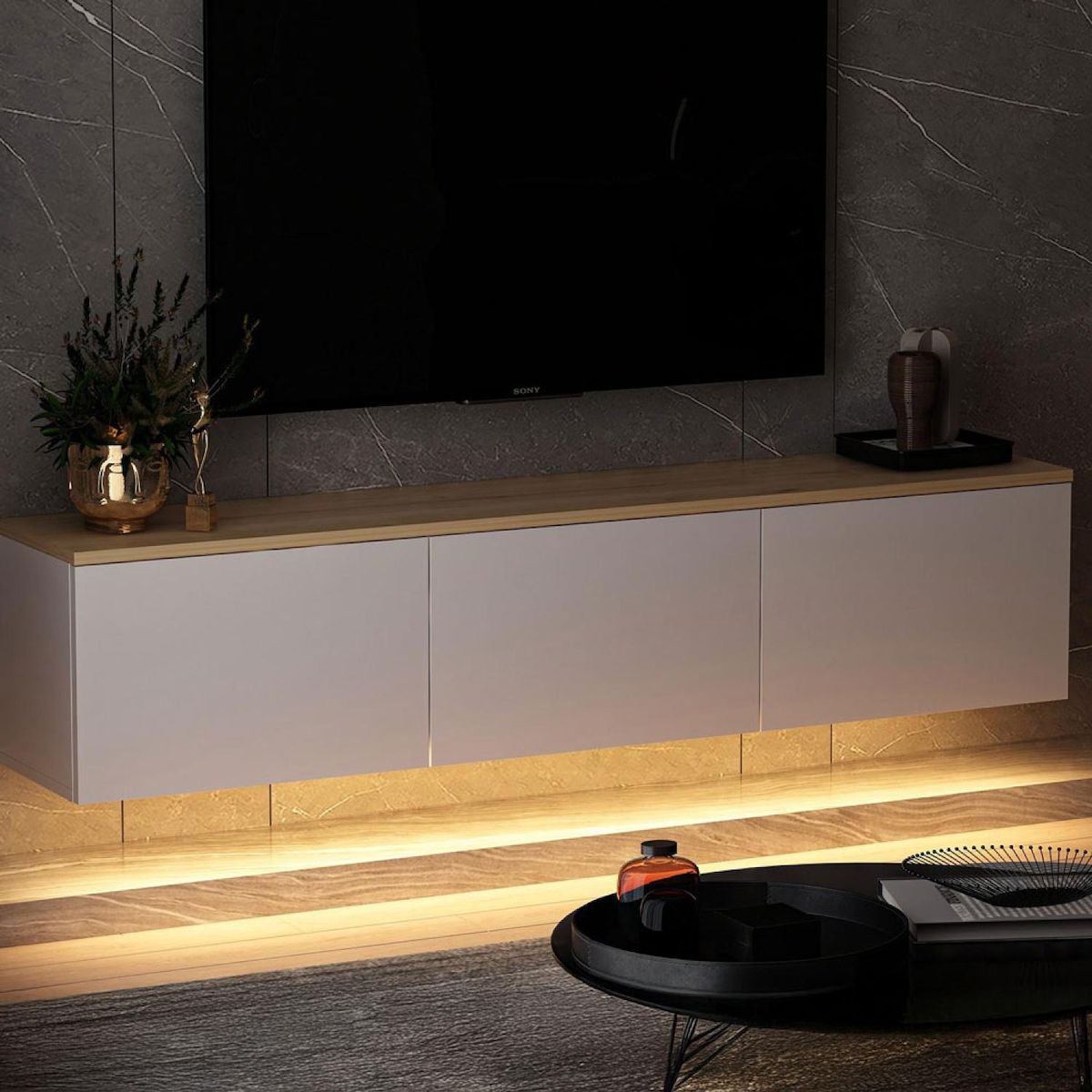 CONCEPT USINE Meuble TV LED suspendu avec placards blanc et plateau bois 160cm LUMI