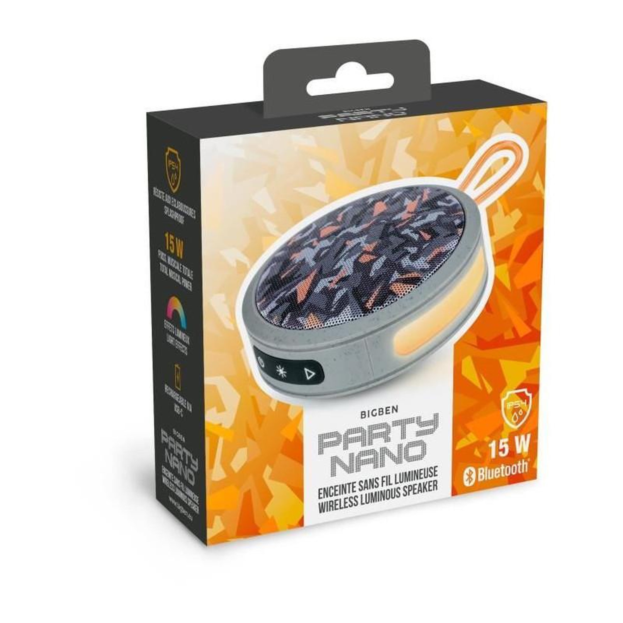 Voir la diapositive 4 : BIGBEN PARTY BIGBEN Party - Enceinte Bluetooth ronde avec dragonne et effets lumineux - 15W - Gris et orange camouflage