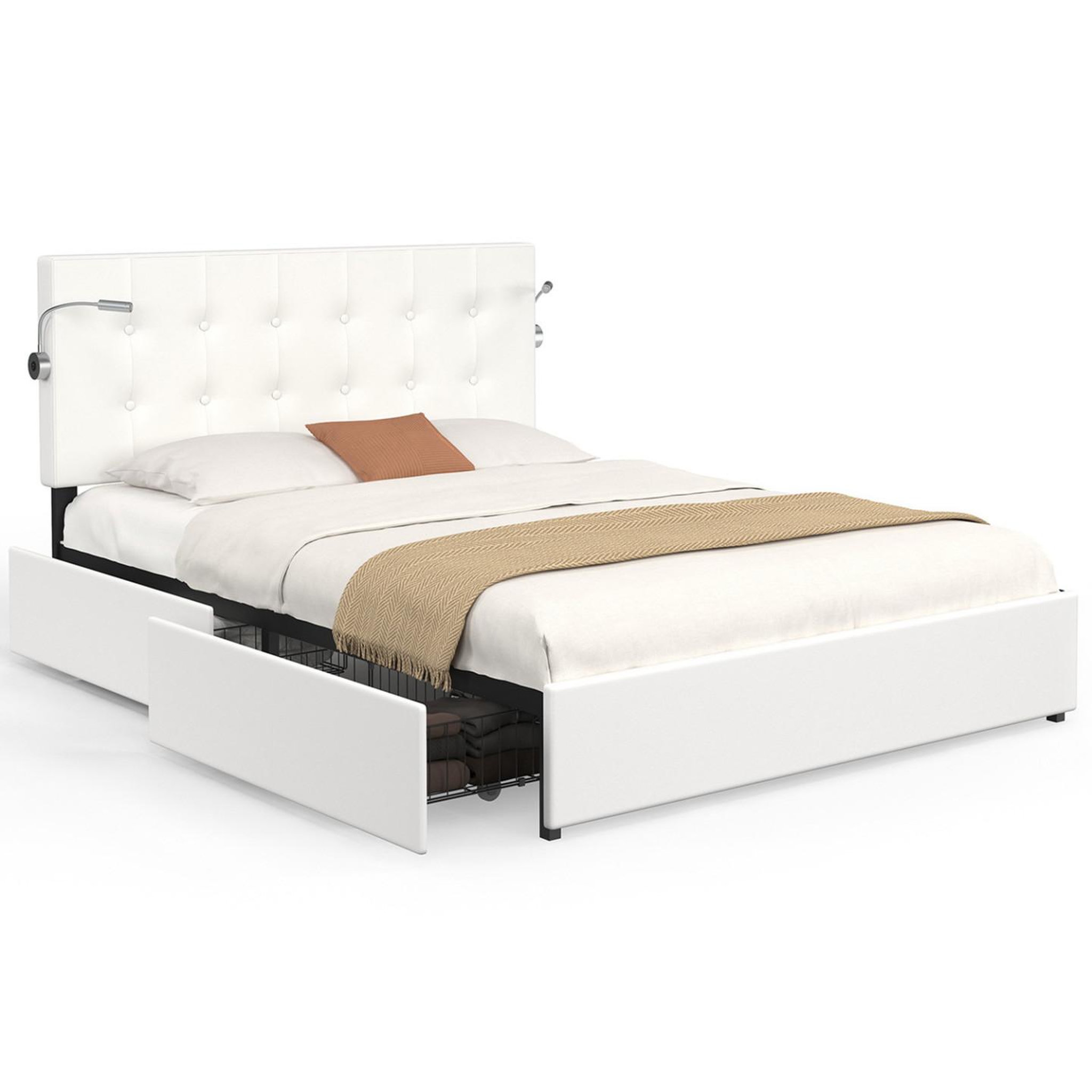 ID MARKET Lit double mael 140 x 190 cm avec tête de lit capitonnée pvc blanc liseuses intégrées et sommier et 2 tiroirs sur roulettes