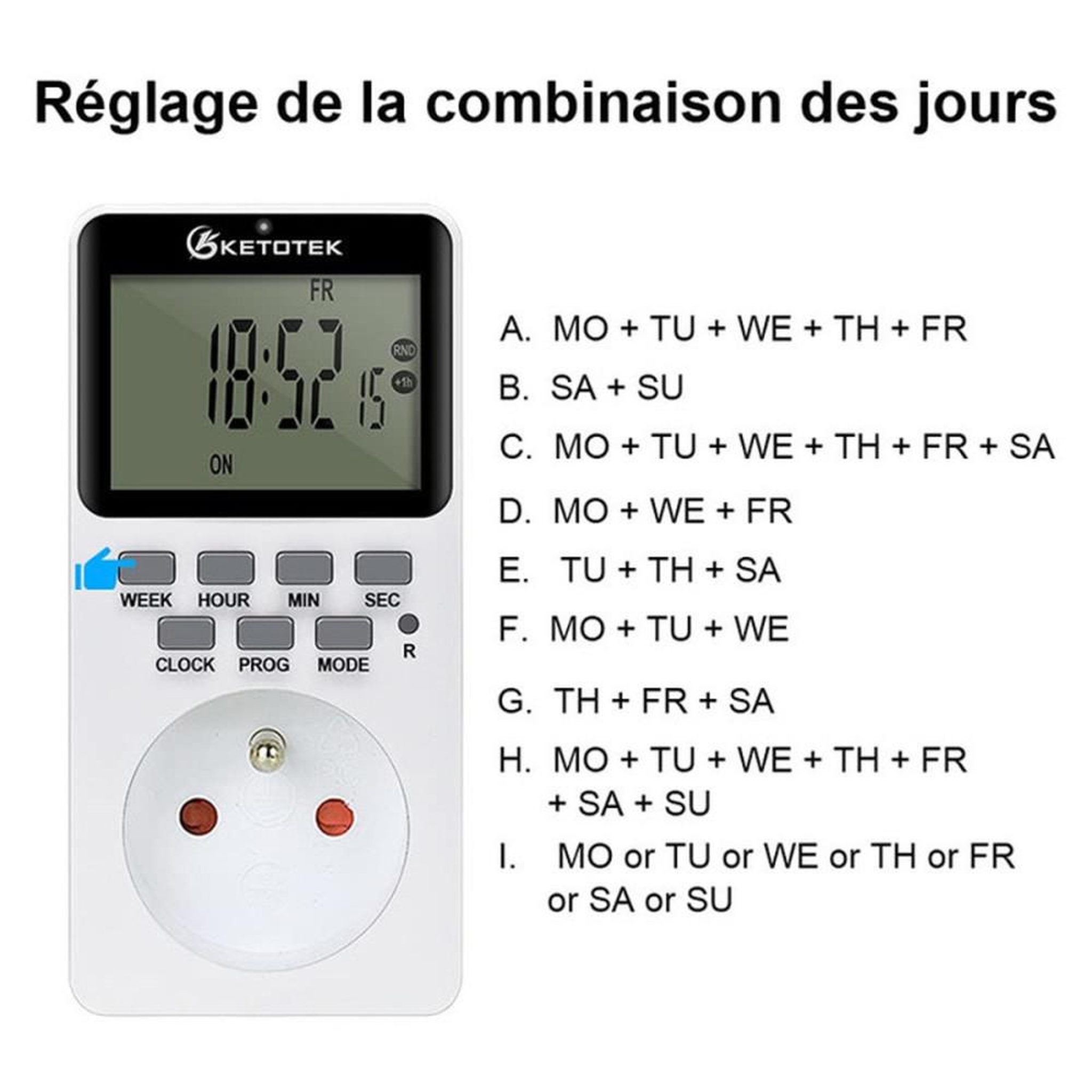 Voir la diapositive 6 : Prise minuterie numérique programmable LCD 20 programmes, 16A 3600W, mode aléatoire antivol, 12/24h