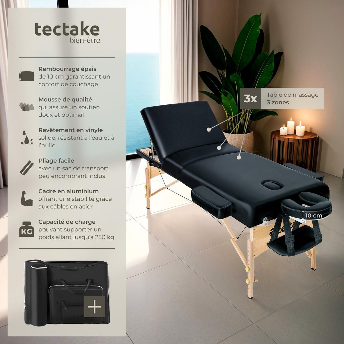 tectake Table de massage portable et pliante à 3 zones largeur 70 cm et rembourrage 10 cm noir