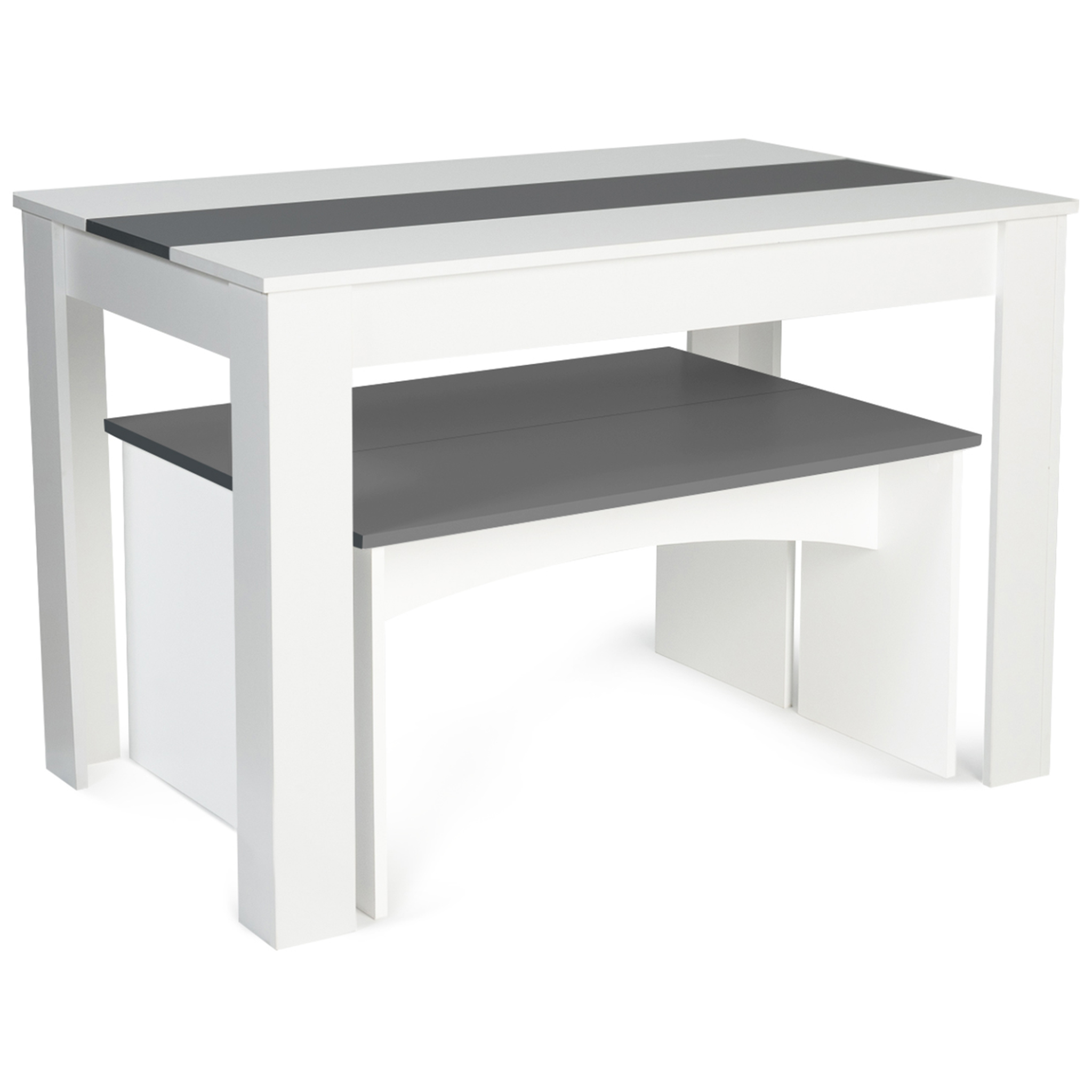 Voir la diapositive 5 : ID MARKET Ensemble table à manger et 2 bancs rozy 4 personnes blanc et gris 110 cm
