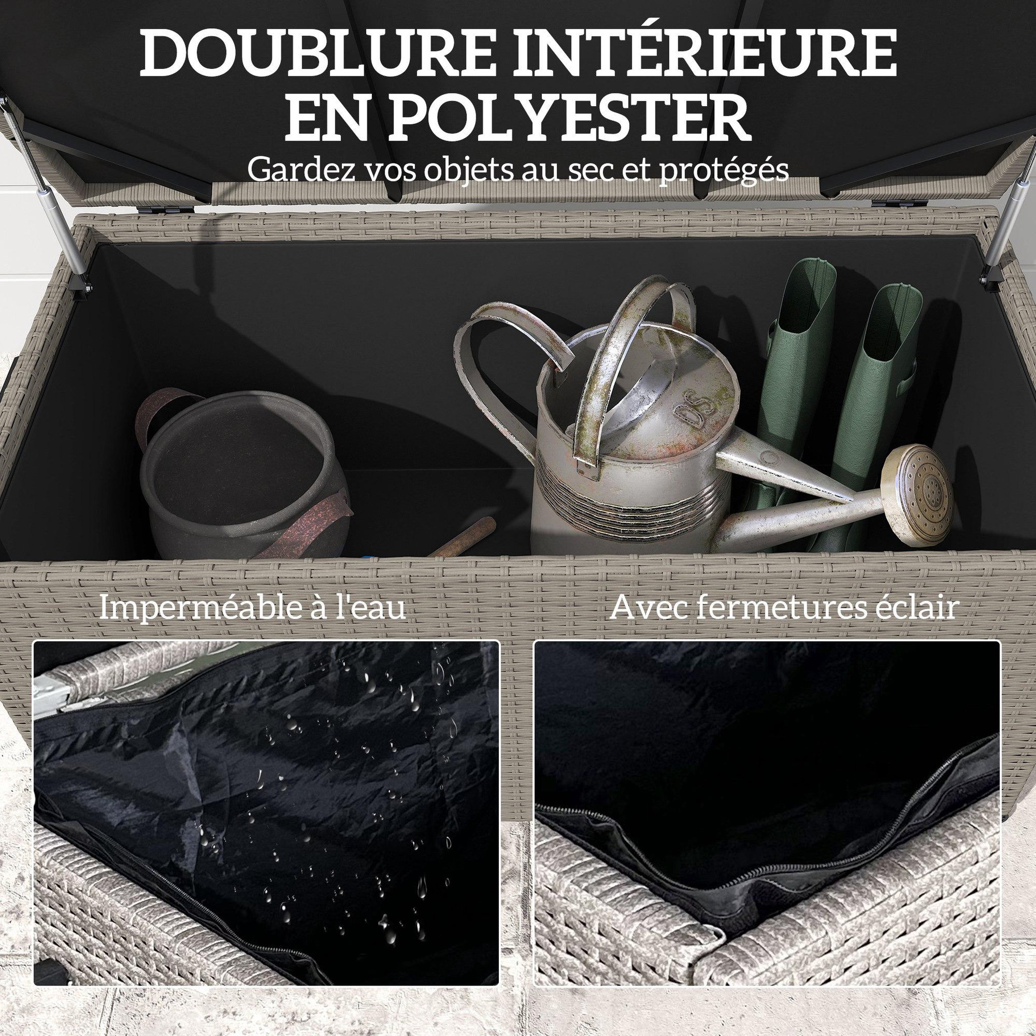 Voir la diapositive 4 : OUTSUNNY Coffre de jardin en résine tressée 184L - 2 roues, poignée, vérins gaz - dim. 102 x 52 x 52 cm - gris