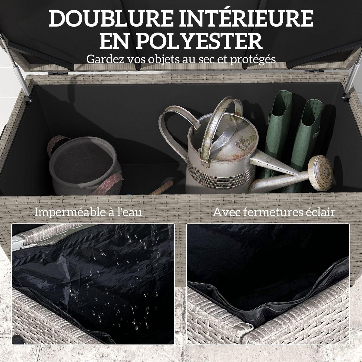 OUTSUNNY Coffre de jardin en résine tressée 184L - 2 roues, poignée, vérins gaz - dim. 102 x 52 x 52 cm - gris