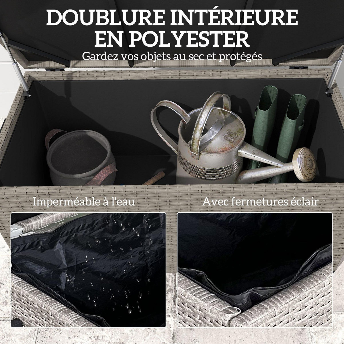 OUTSUNNY Coffre de jardin en résine tressée 184L - 2 roues, poignée, vérins gaz - dim. 102 x 52 x 52 cm - gris
