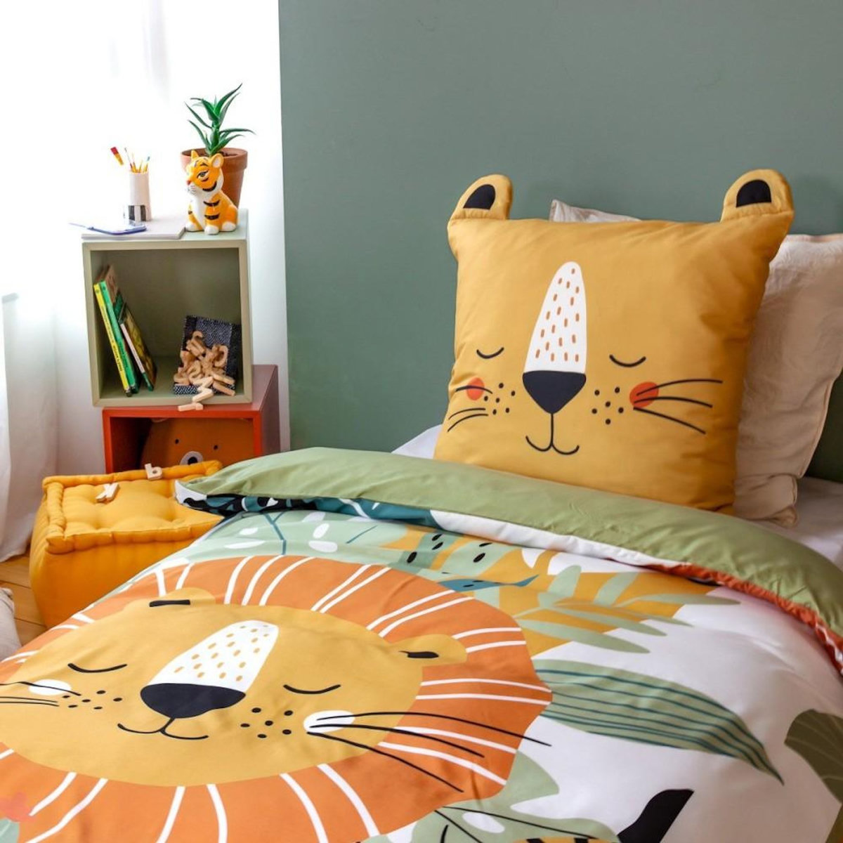 COTE DECO Housse de couette enfant 140x200 + 1 taie Lion avec oreilles
